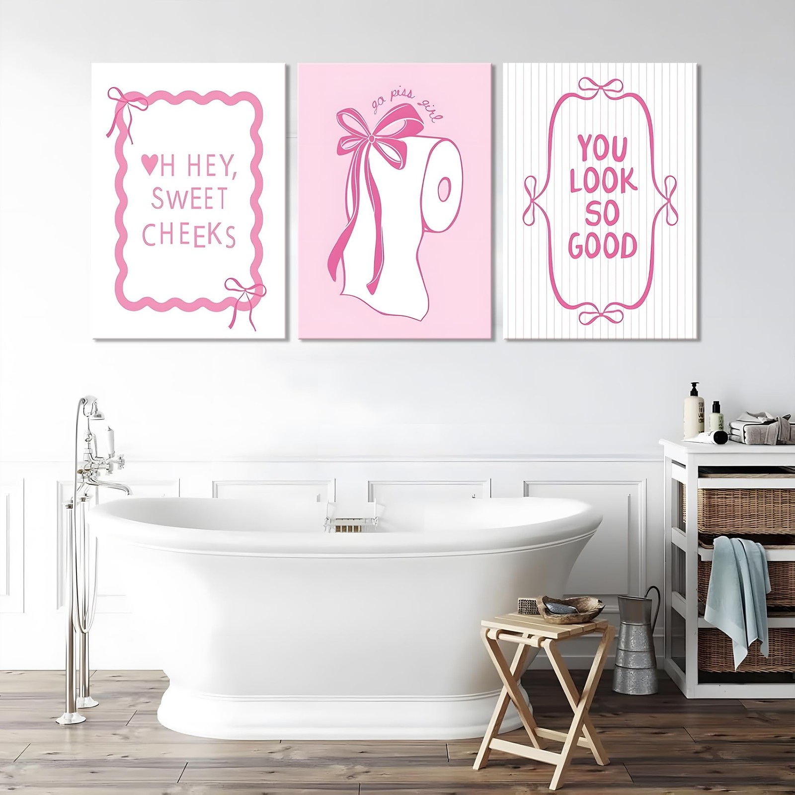 JBZDD 3Pcs Pink Bow Bathroom Canvas Wall Art Bowknot Coquette Posters Prints …