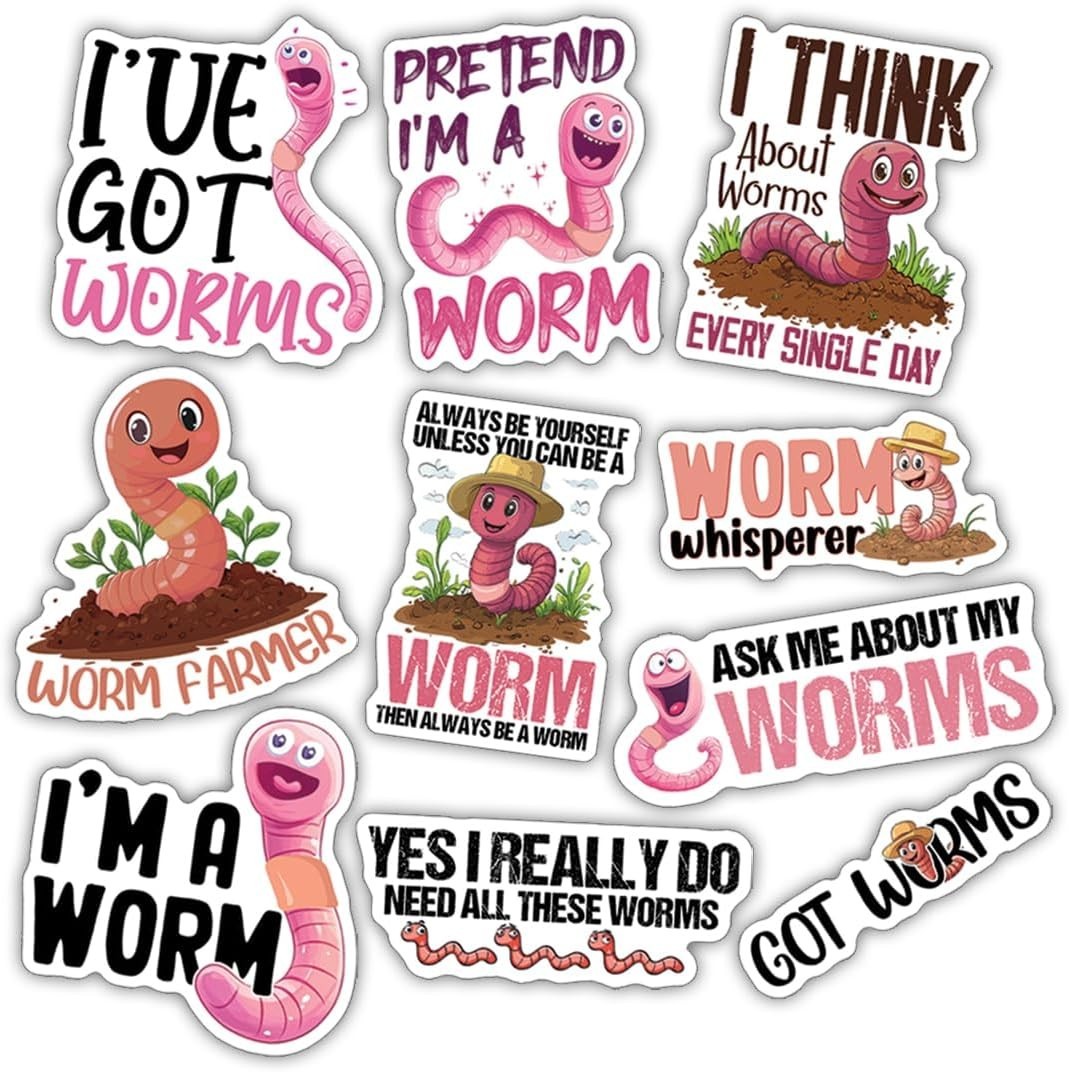 10pcs Worm Sticker, Worm Whisperer, Worm Art, Garden Worm, Insect Lover Gift