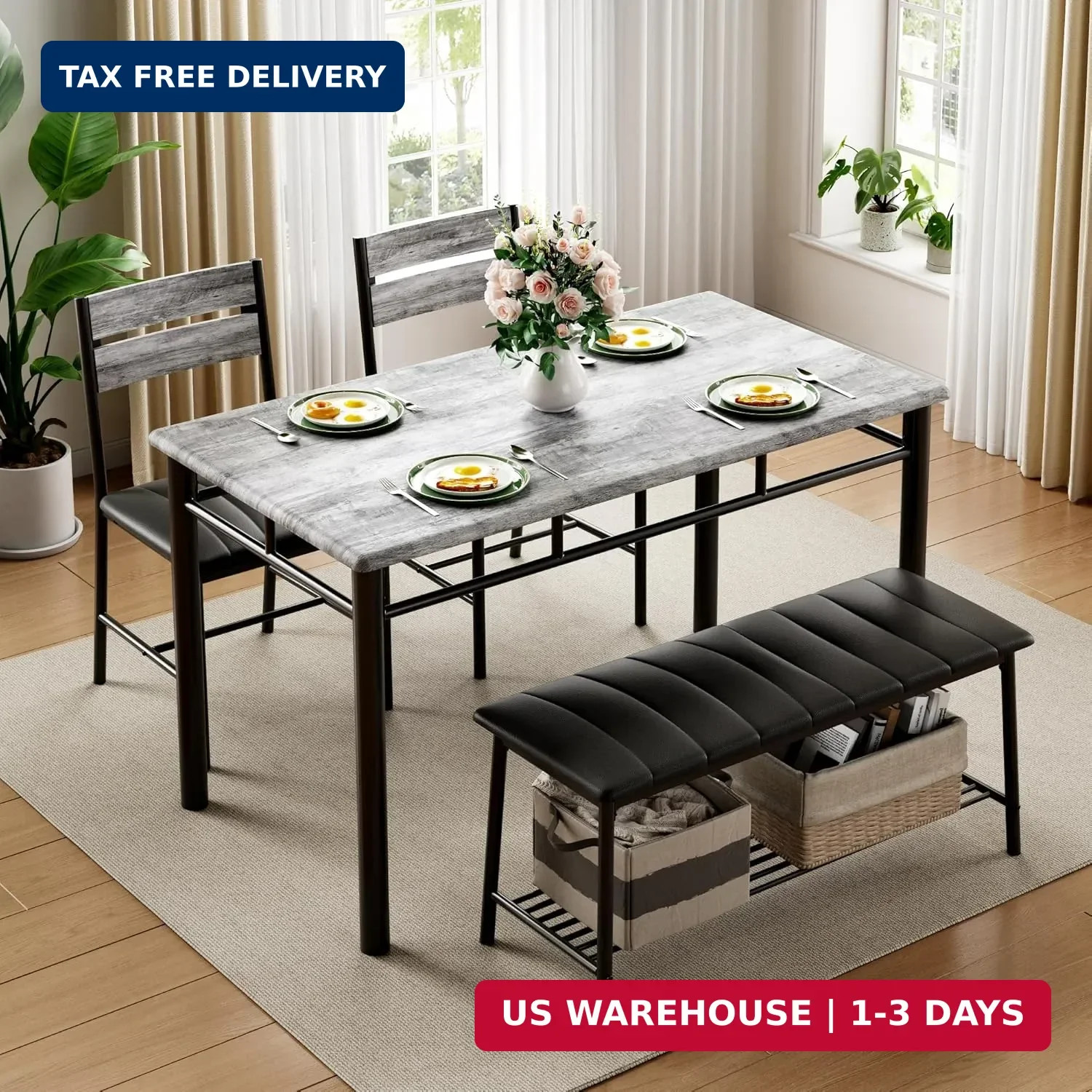 4 Piece Dining Table Set with Upholstered Bench 2 Chairs Gray for Small Space