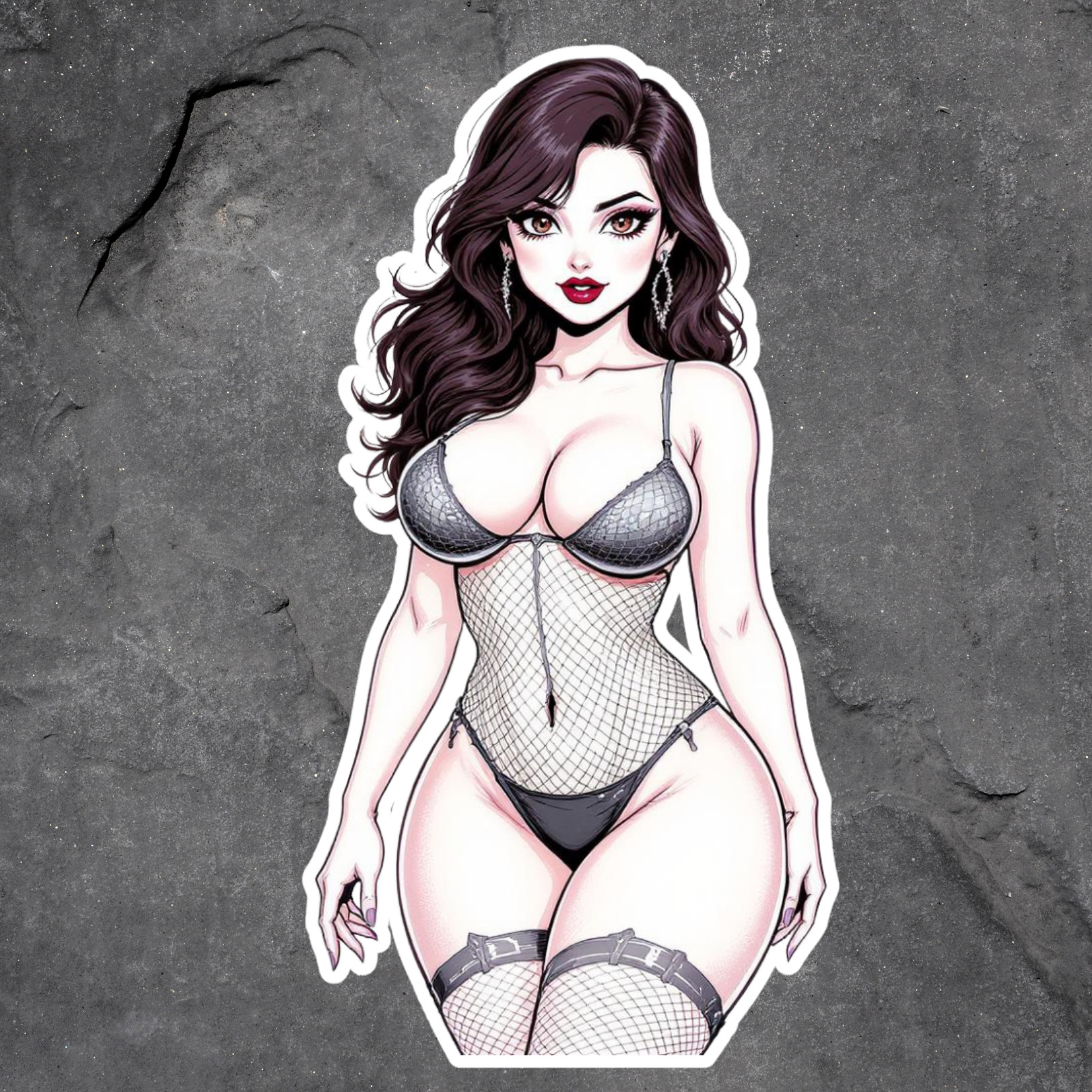 Pinup Girl Sticker Vinyl Decal Busty Fishnet Lingerie Cartoon Style Sexy Cute