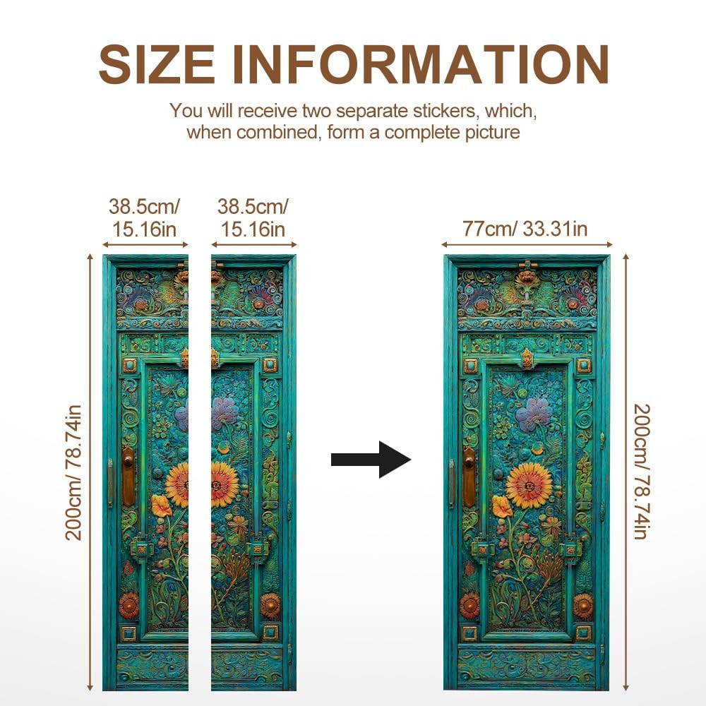 Cmialusie Peel and Stick Door Wallpaper 30.31 x 78.74 Inch Turquoise Floral V…