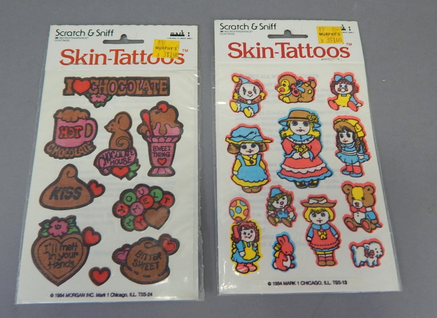 8 Packs NEW 1984 Vintage Mark Morgan Skin Tattoos Scratch Sniff Stickers animals