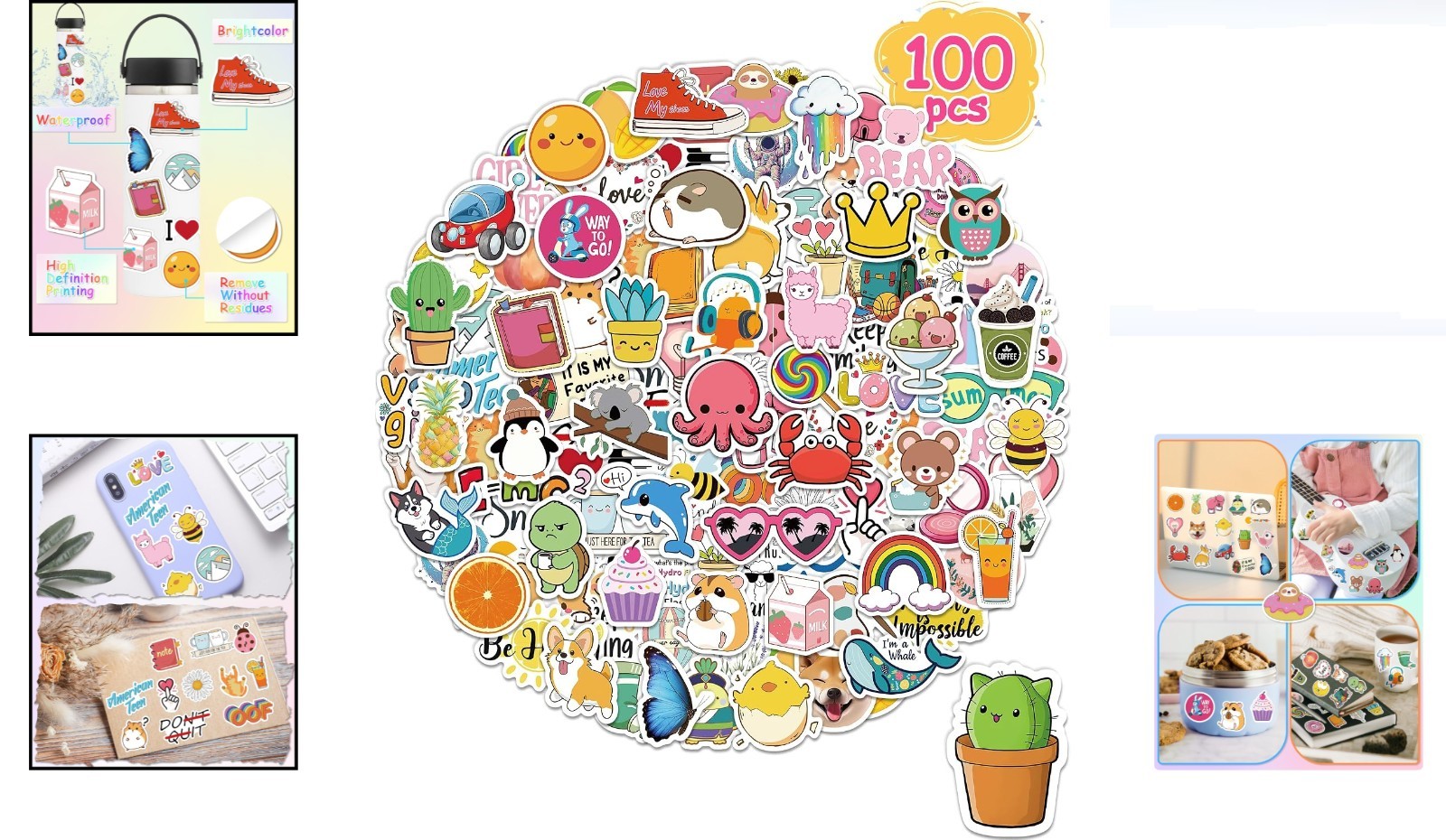 100 Pcs Kids Waterproof Vinyl Stickers Girls Teens School Supplies Party Favors