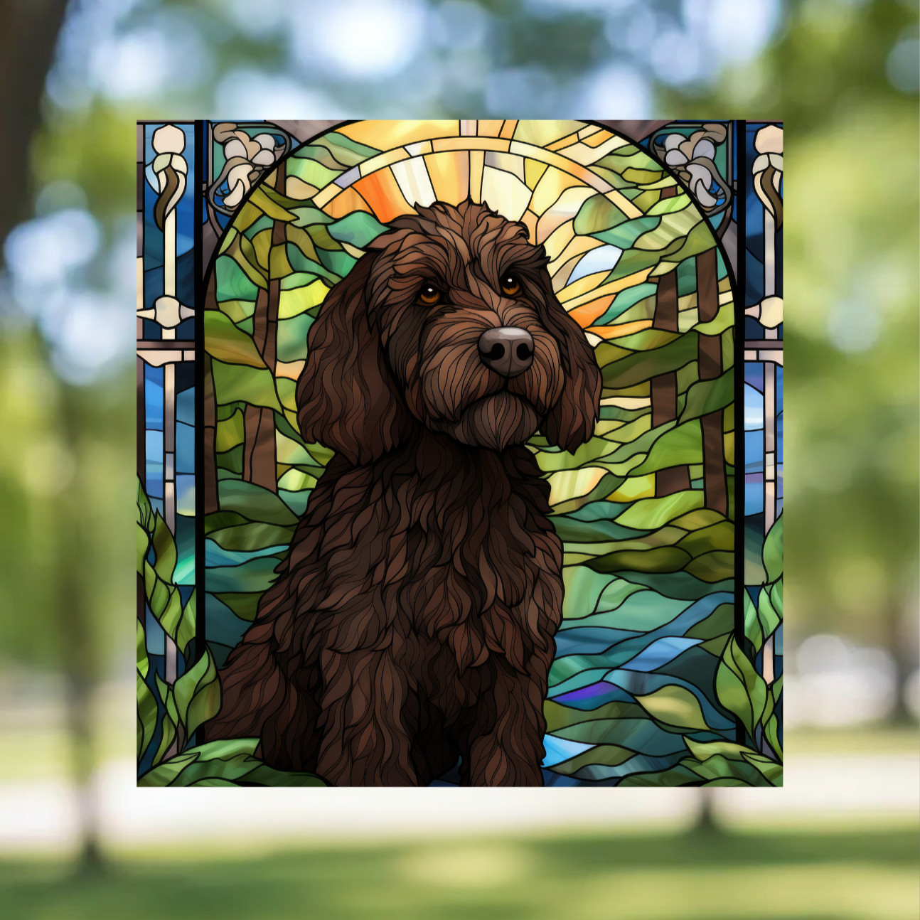 Labradoodle Dog Faux Stained-Glass WINDOW CLING Size 9.2" Repositionable Vinyl
