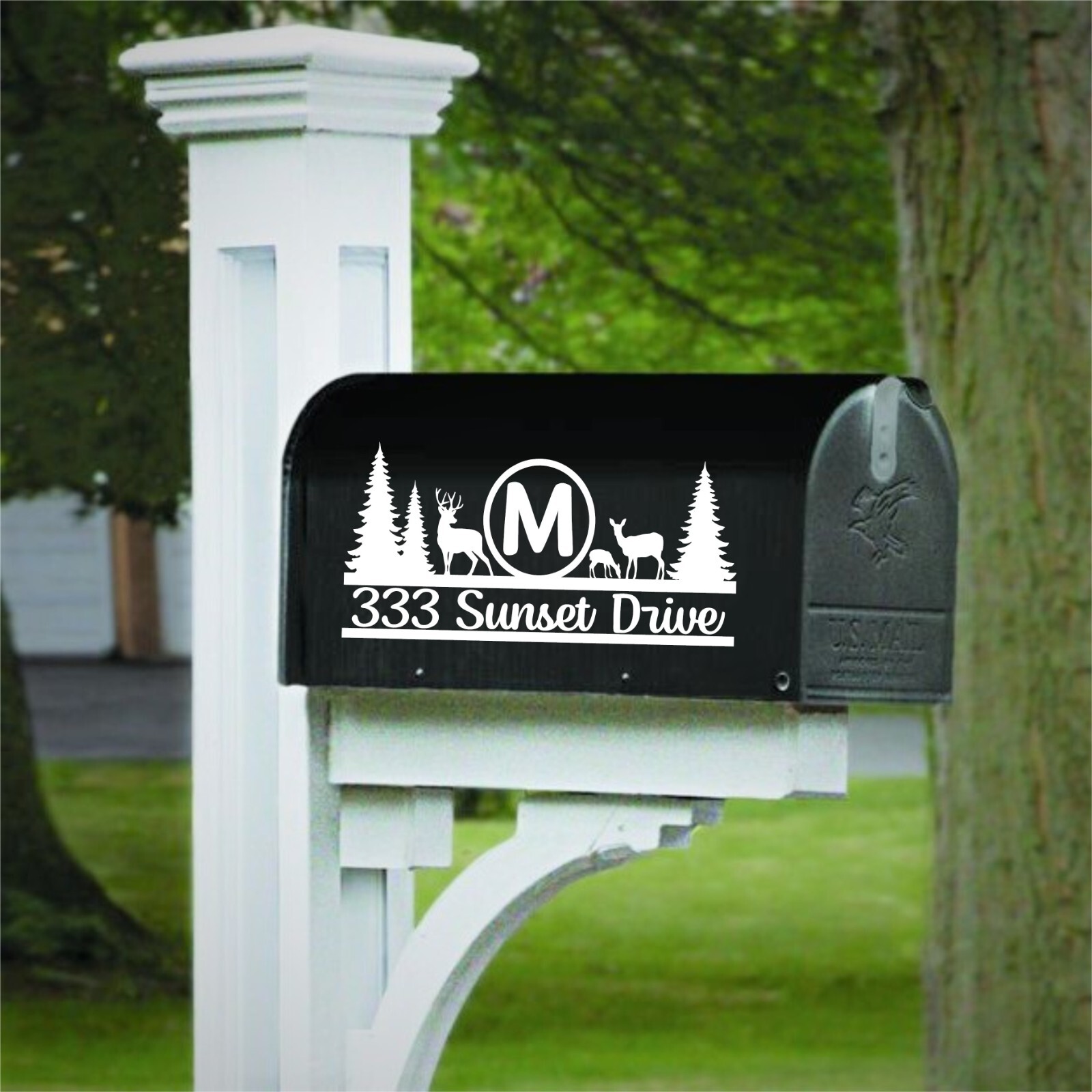 Set of 2 Personalized Deer Family with Trees Outdoor Scene Decals for Mailbox