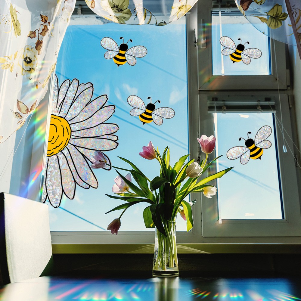 5X Summer Bee Sunflower Window Stickers 2-Side Glass Decals Shiny Window Clings