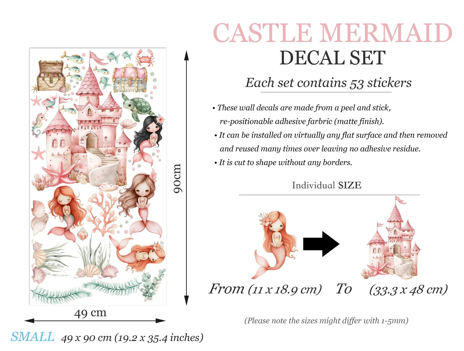 Watercolor Castle Mermaid Princess Wall Decal – Girls' Room Decor – BR461