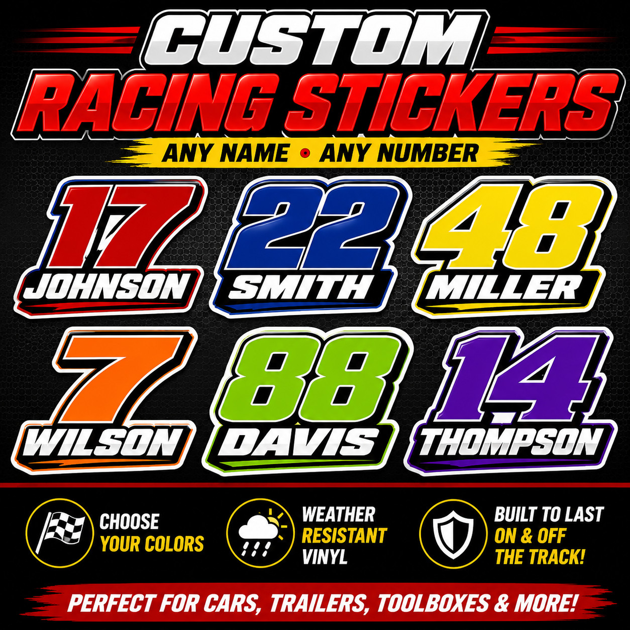 Custom Racing Number & Name Sticker | Personalized Race Car Driver Sticker Decal