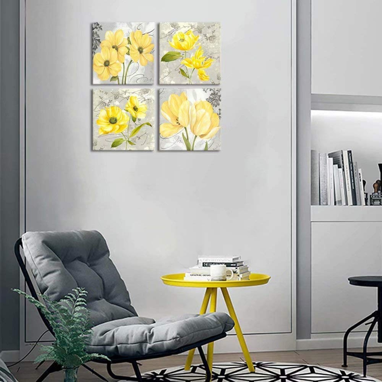 Yellow Wall Art Bedroom 4 Piece Grey Flower Pictures Kitchen Gray Floral Canv…