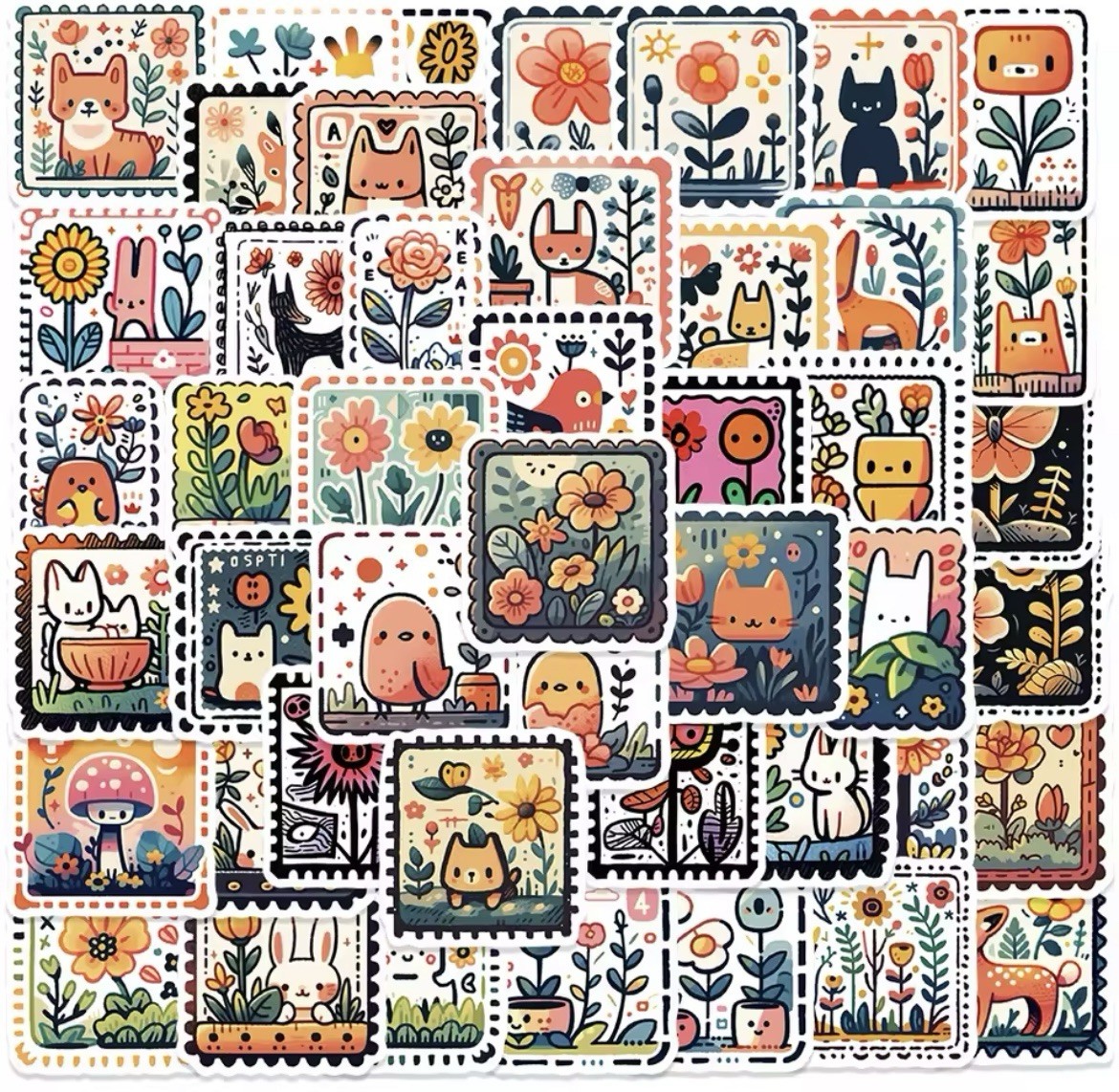 Stamp Aesthetic Style Matte Stickers 50pk Flower Animals Stickers FREE SHIPPING