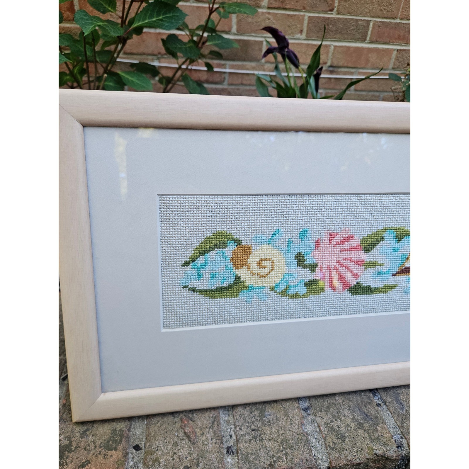 Vintage Matted & Framed Seashell Cross Stitch Art, 25" x 9.75" Ocean Beachhouse