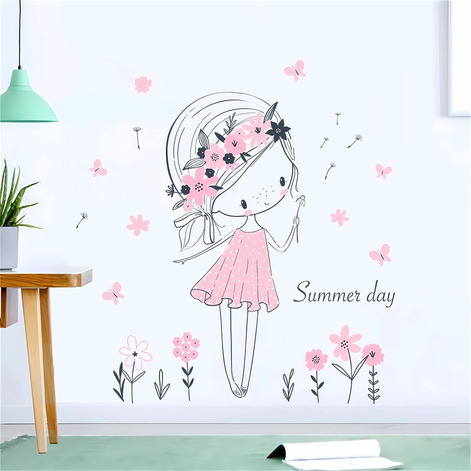 Pale Pink Dandelion Girl Wall Stickers, sacinora Summer Flower Fairy Art Wall…