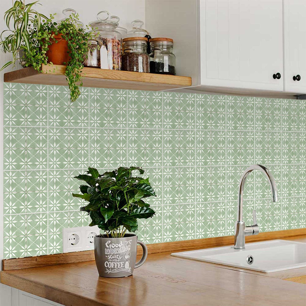 Peel Snd Stick Tile Stickers 24 Unit Pack Retro Green Floral