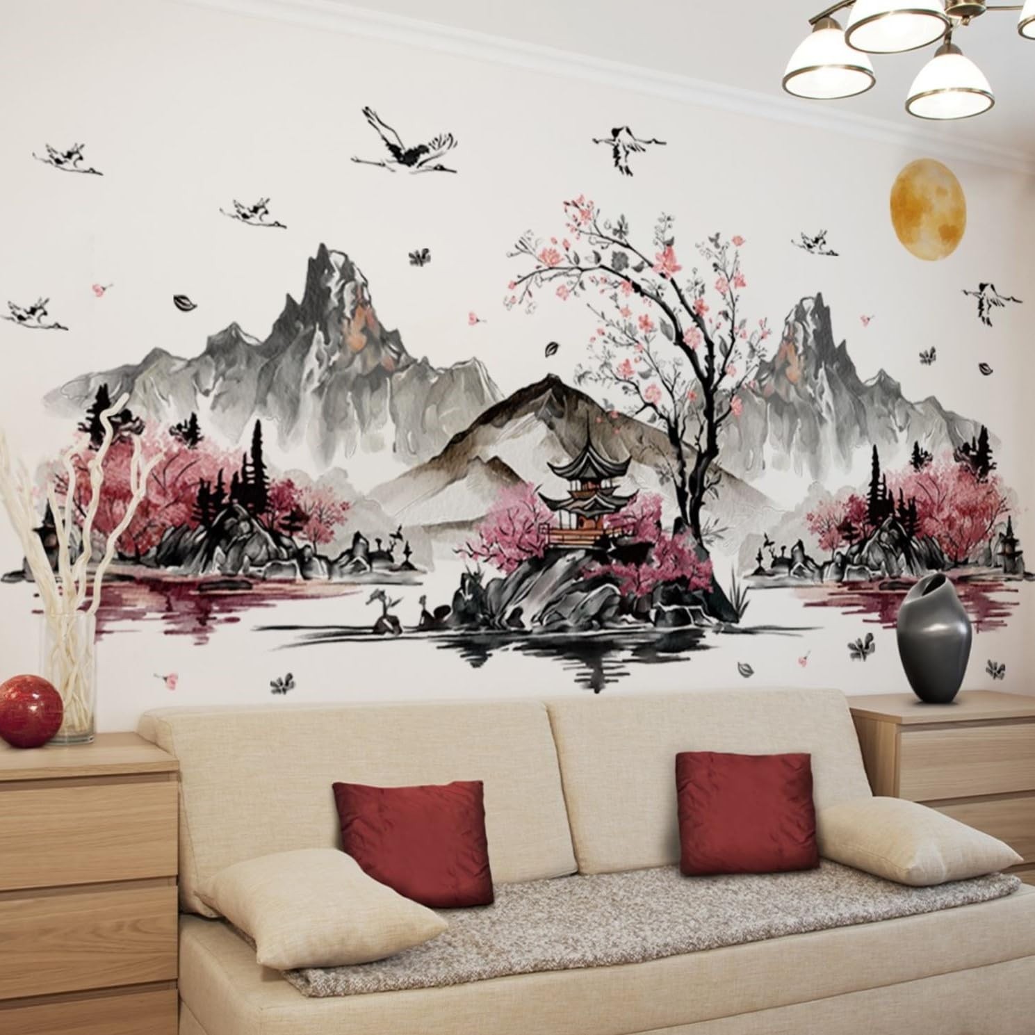Chinese Style Wall Stickers Ink Mountain Flower Tree Wall Decals DIY Peel and…