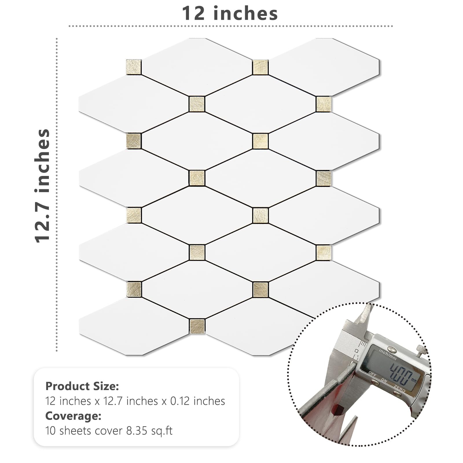 10 Sheets Peel and Stick Backsplash, Pure White Marble Look PVC Mixed Metal G…