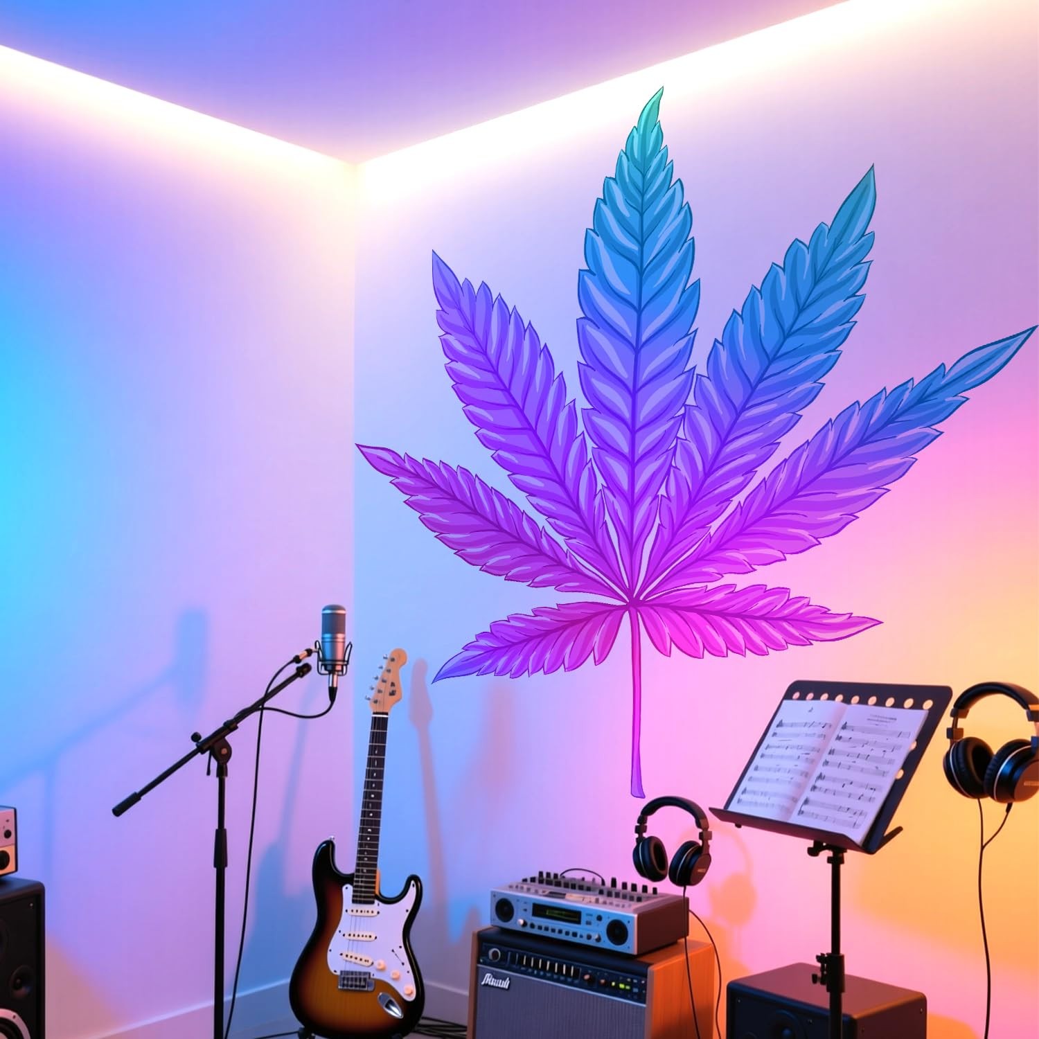Psychedelic Leaf Wall Decals Peel and Stick – Gradient Herb Wall Stickers – T…