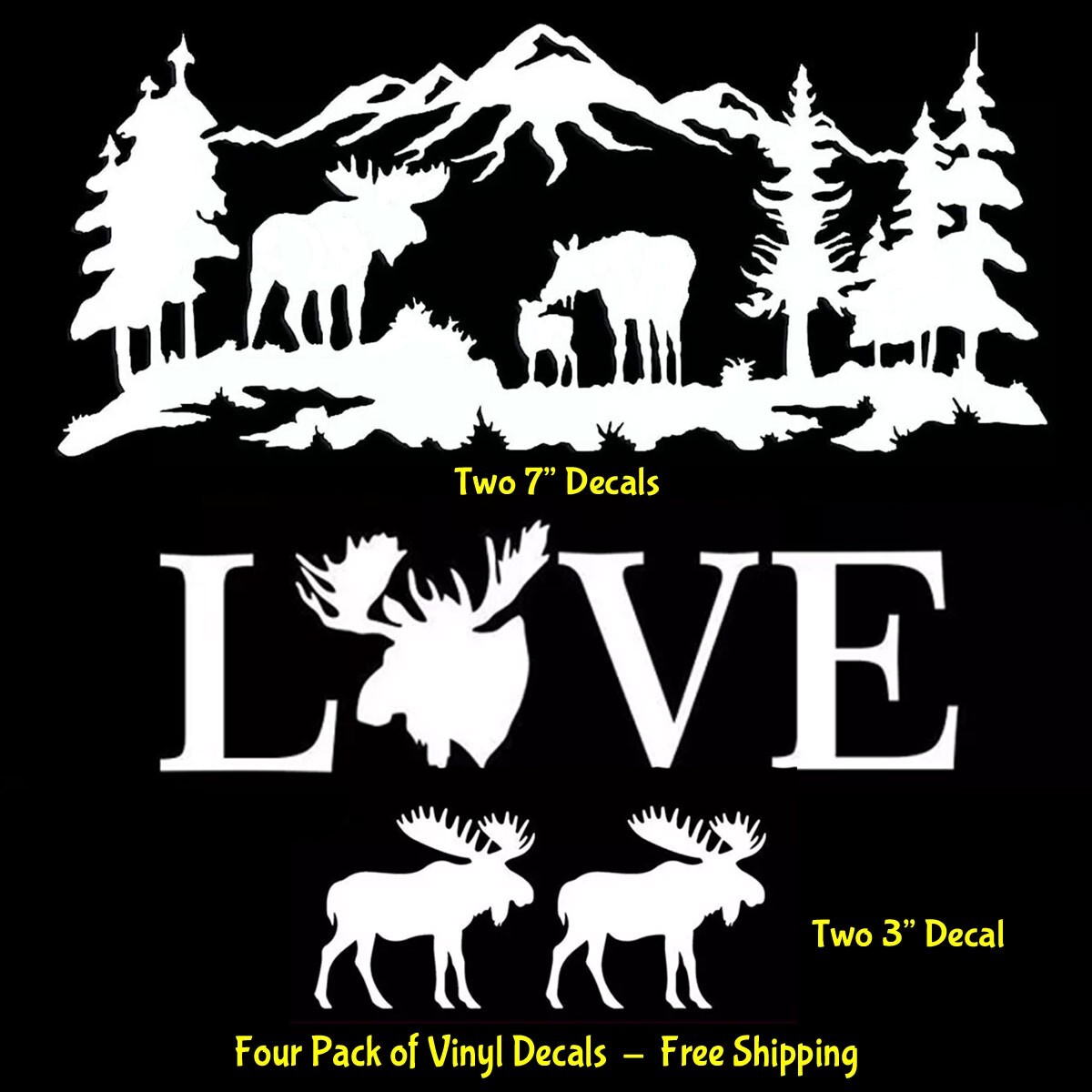Moose Family Wildlife Scene 4 Pack White Vinyl Decals Car Truck RV Camper Window