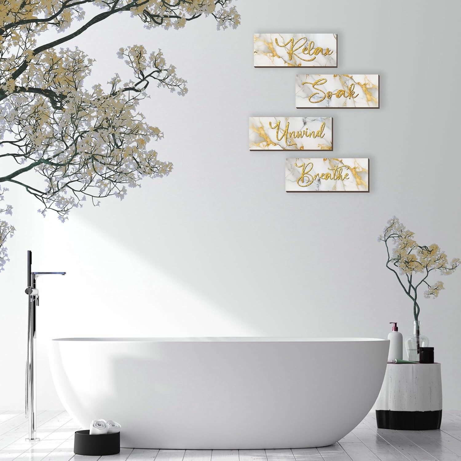 Versatile Wooden Wall Art Set in White Gold – Ideal for Bathroom & Living Spaces