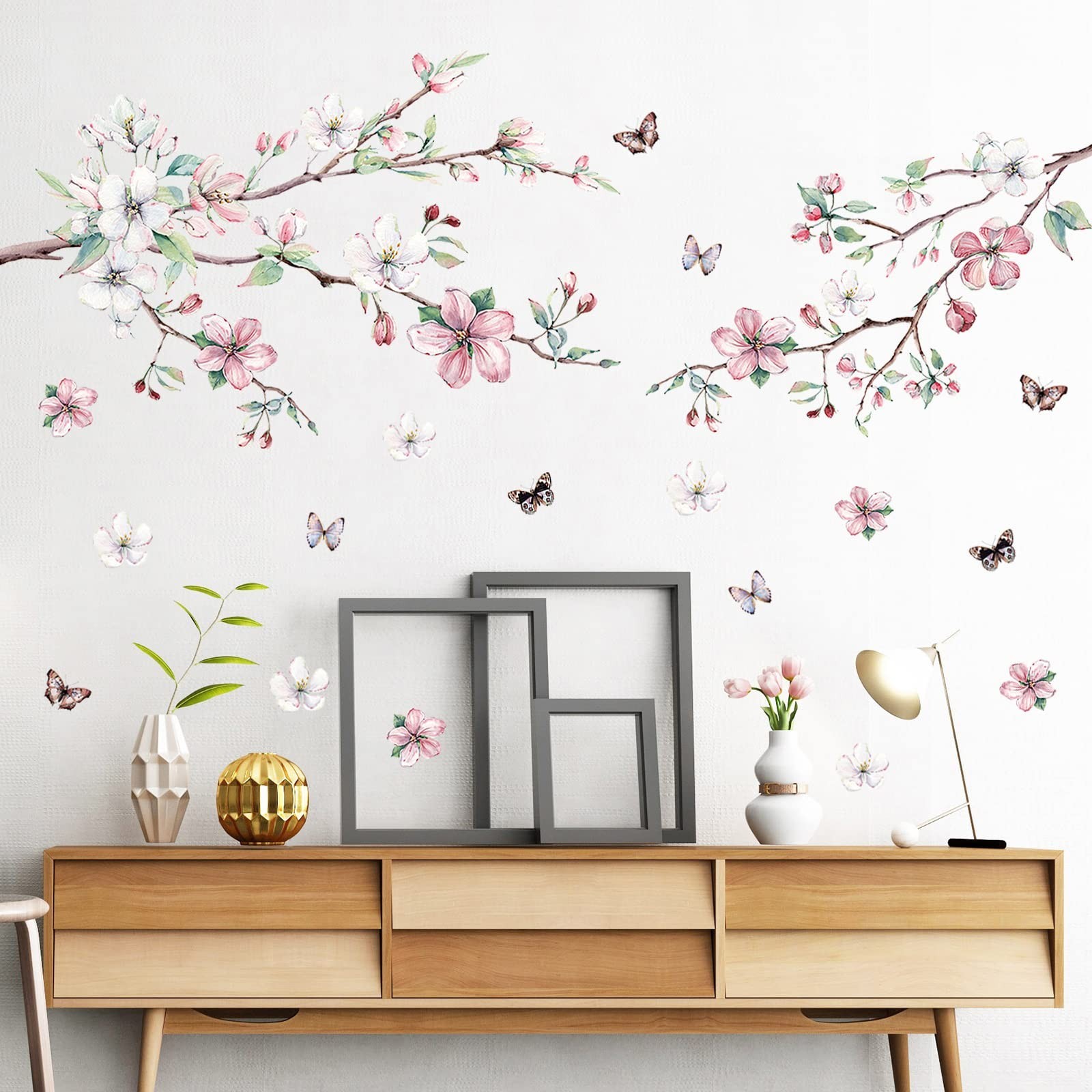AM AMAONM Removable 3D Ink Style Brown Tree Branches and Pink WhiteFlower Wal…