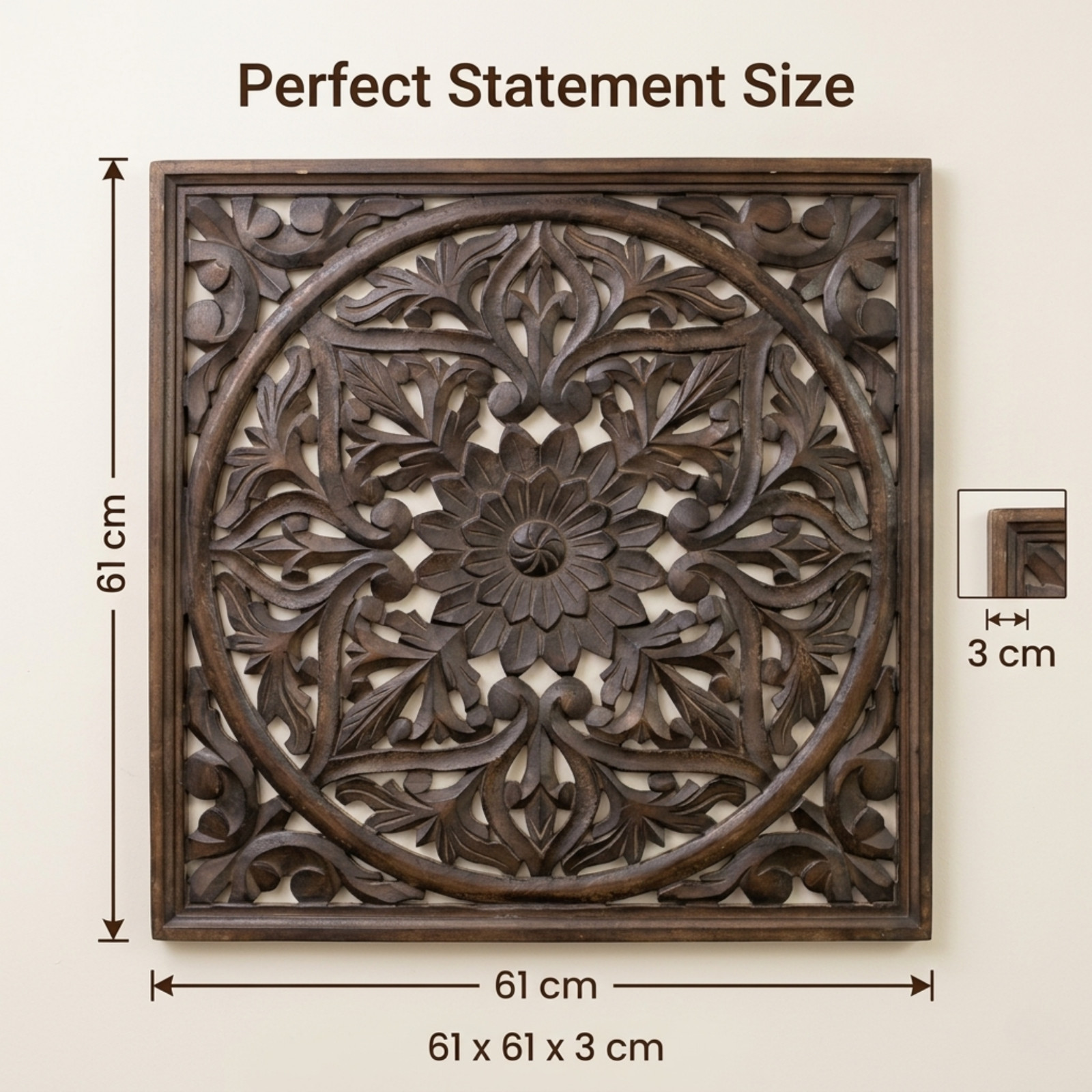Carved Wood Wall Decor Panel 61cm – Large Rustic Floral Mandala Art