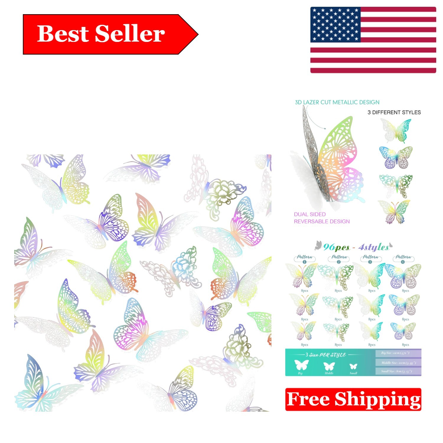 Elegant 3D Metallic Butterfly Wall Decor — 96 Pieces for All Occasions