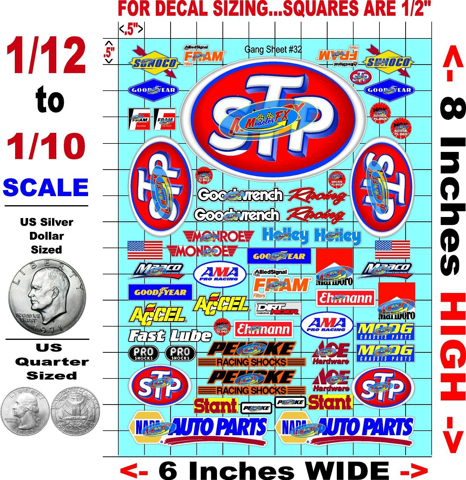 WHITE Vinyl Sticker Sheet 32-R/C MODEL Decal fits 1/10-1/16 Scale MOPARSTPRACING