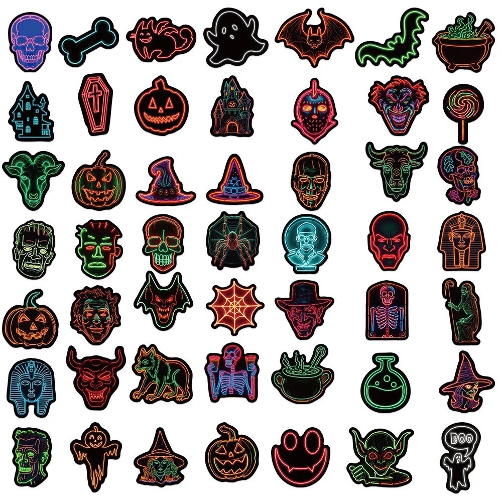 50 PCS Neon Stickers Halloween Spooky Decals Laptop Binder Holiday Free Shipping