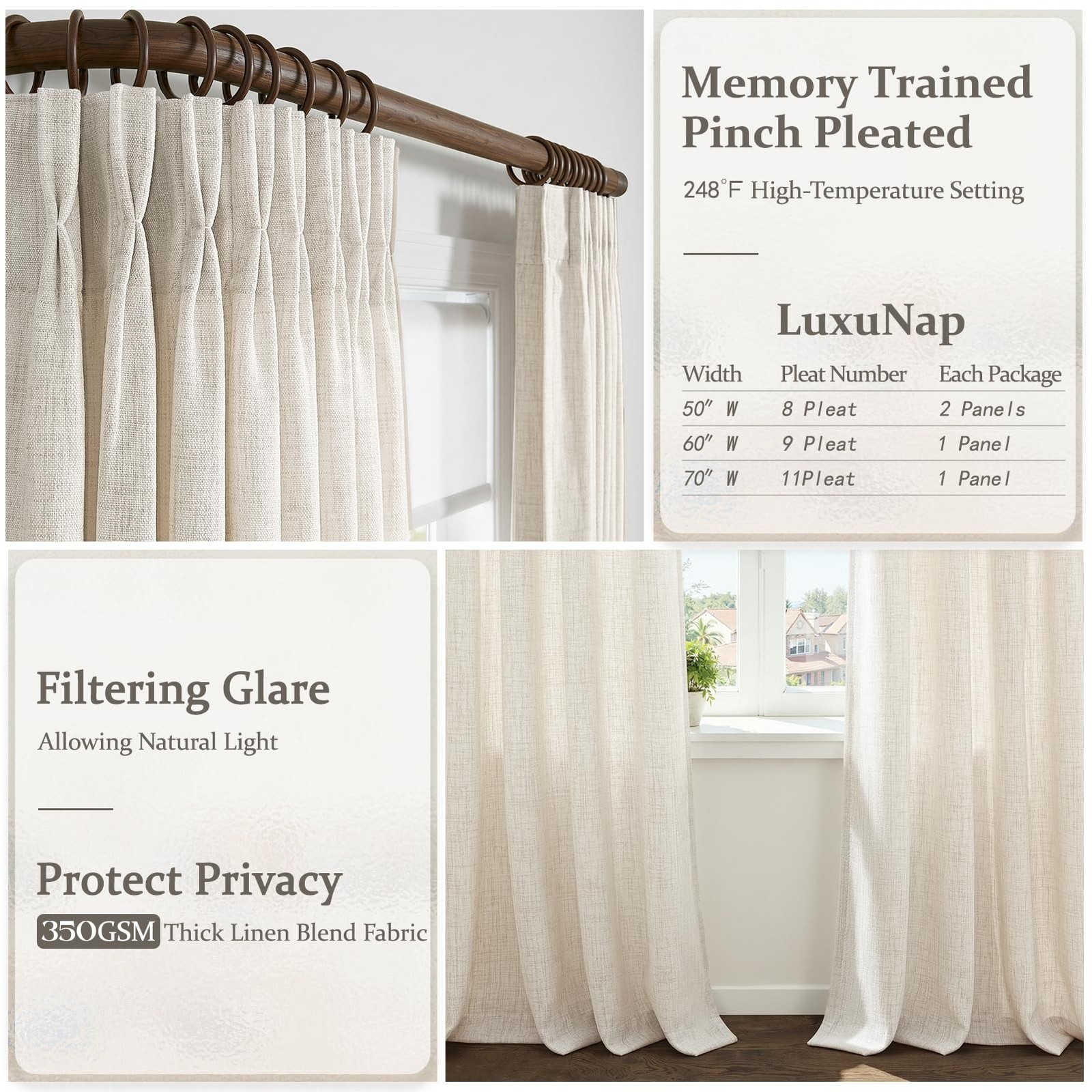 Pleated Birch 92 Inch Curtains for Living Room 2 Panels Set, Memory Shape Thi…