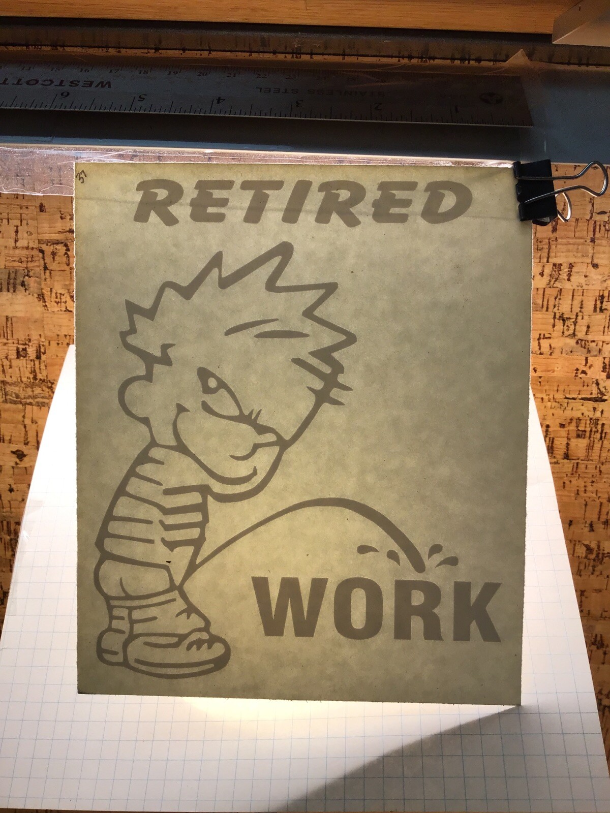 Calvin Pee On Work Retired BIG- WHITE – Vinyl Sticker Decal – MM4 1500