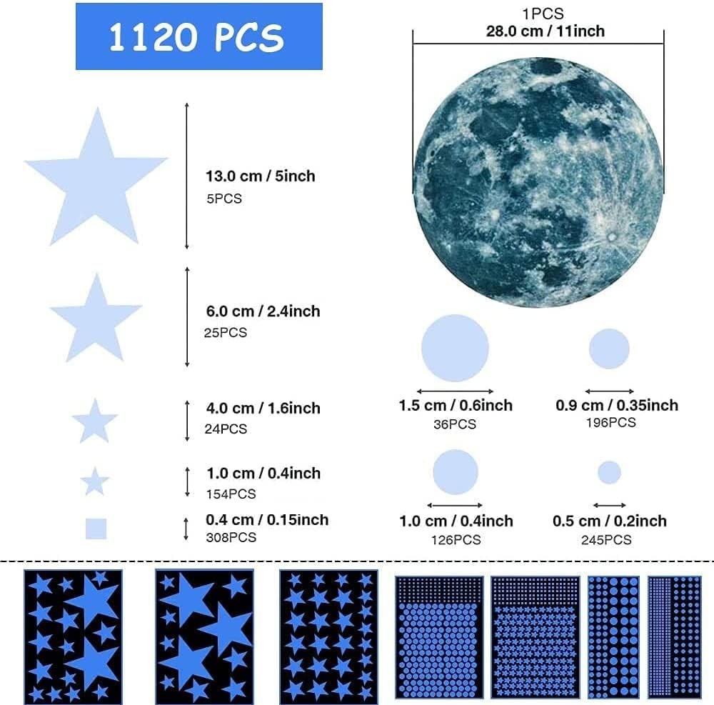 Eco-Friendly 1120 Pcs Glow in The Dark Ceiling Stars for Children's Room Decor