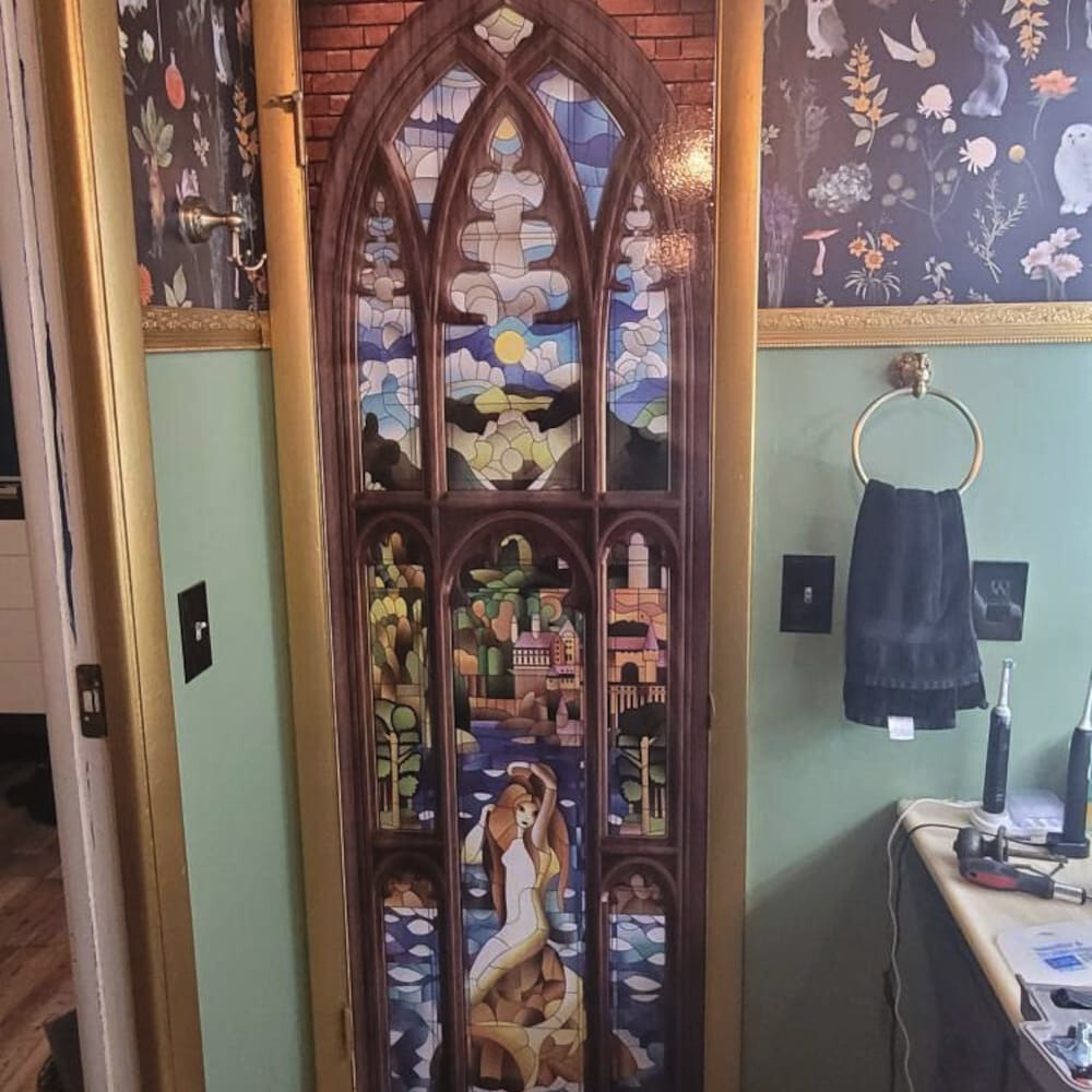 Mermaid Window Stained Glass -Door Mural, Glossy Laminated Sticker, Single piece