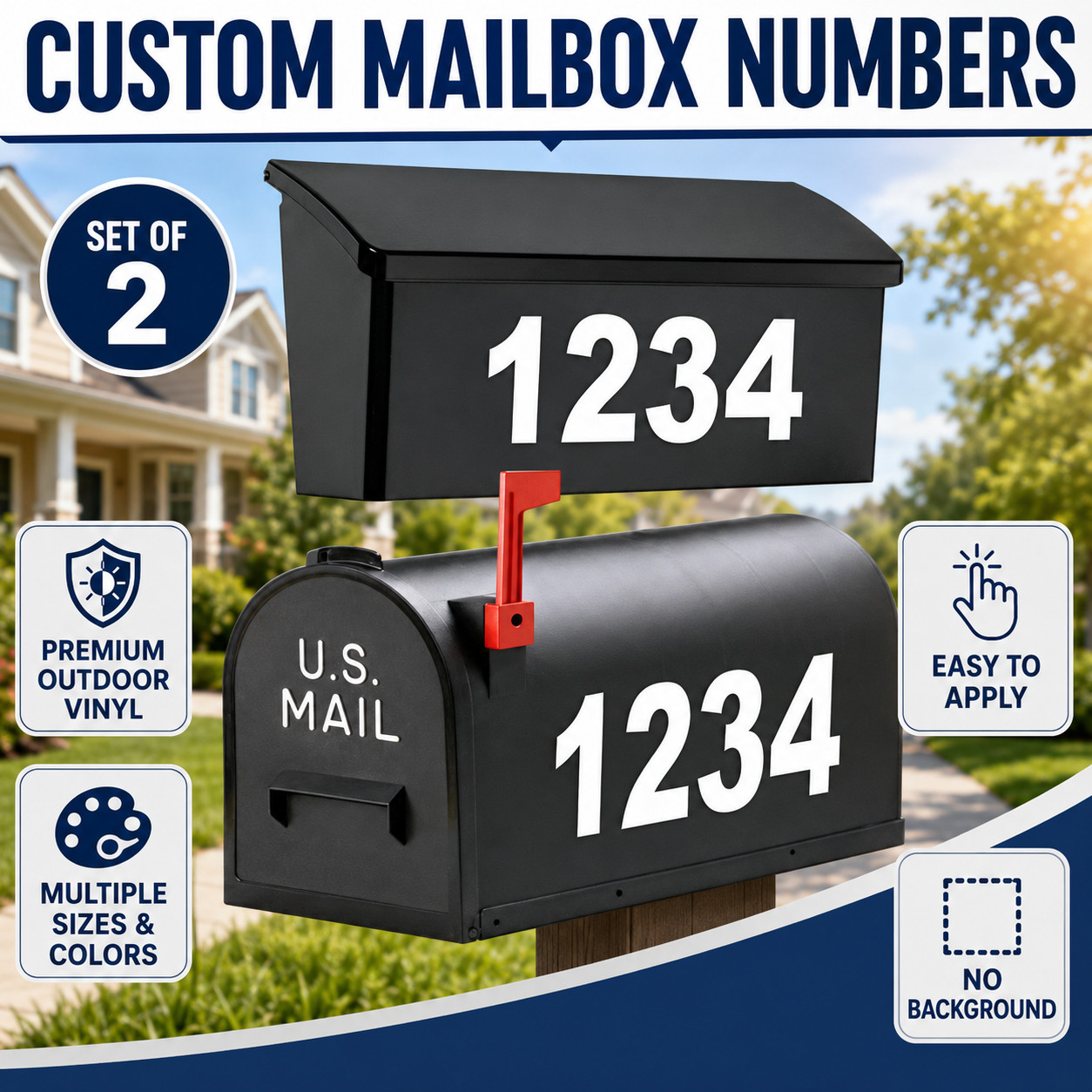 SET OF 2 Custom Mailbox Numbers Vinyl Decals / Stickers -Pick Size, Font & Color