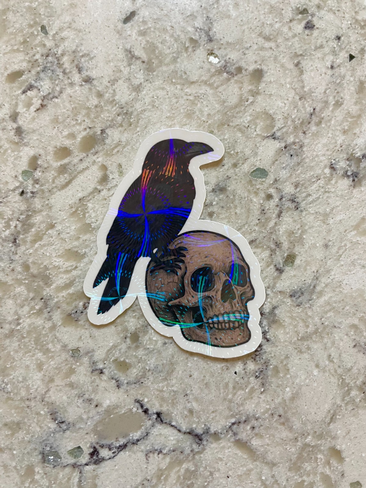 Perched Crow On Skull Sticker l Gloss or Holographic Laminate l Waterproof Decal