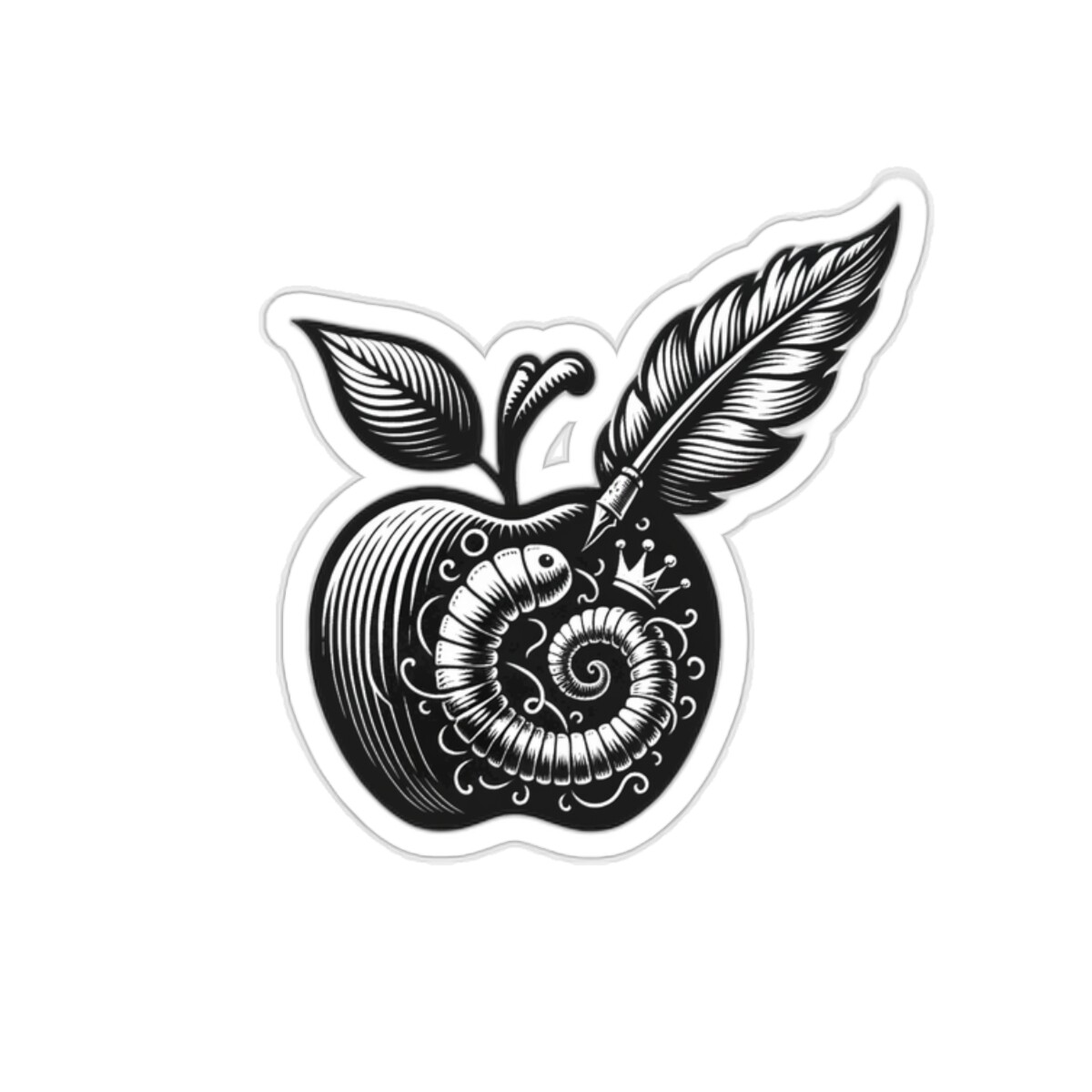 Sticker Quill Ink Apple with Worm Retro Look Collection 2×2" 3×3" 4×4" 6×6"