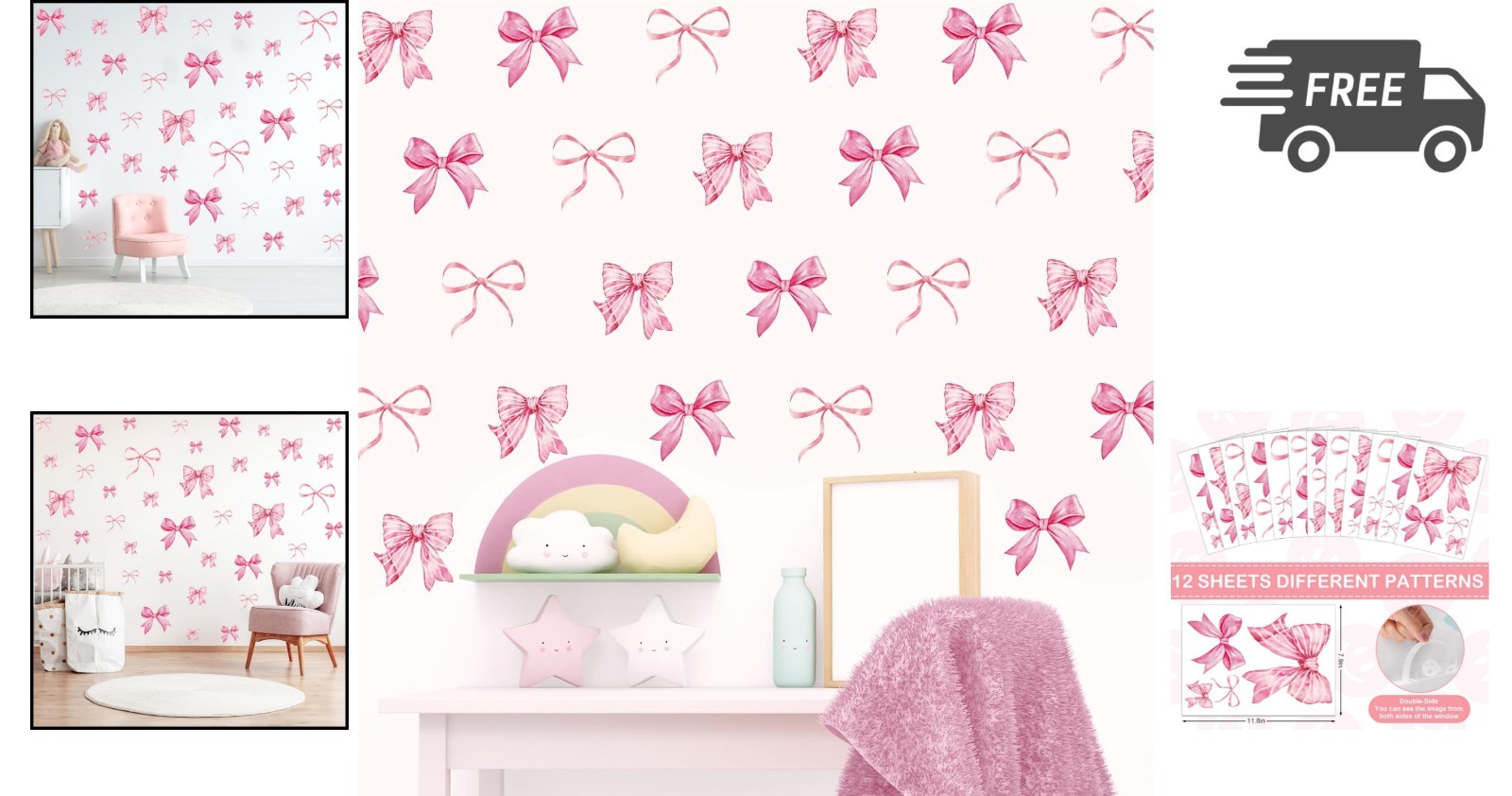 Pink Bow Wall Stickers Watercolor Decor Room Mural for Kids Girls Party