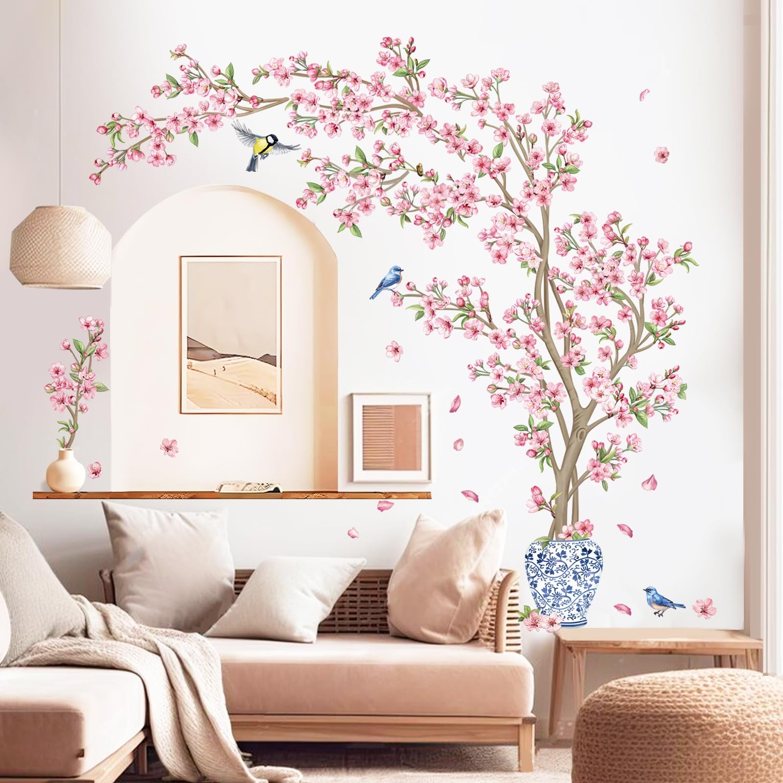Pink Cherry Blossom Flower Tree Wall Decals Hanging Floral Tree Branch Birds …