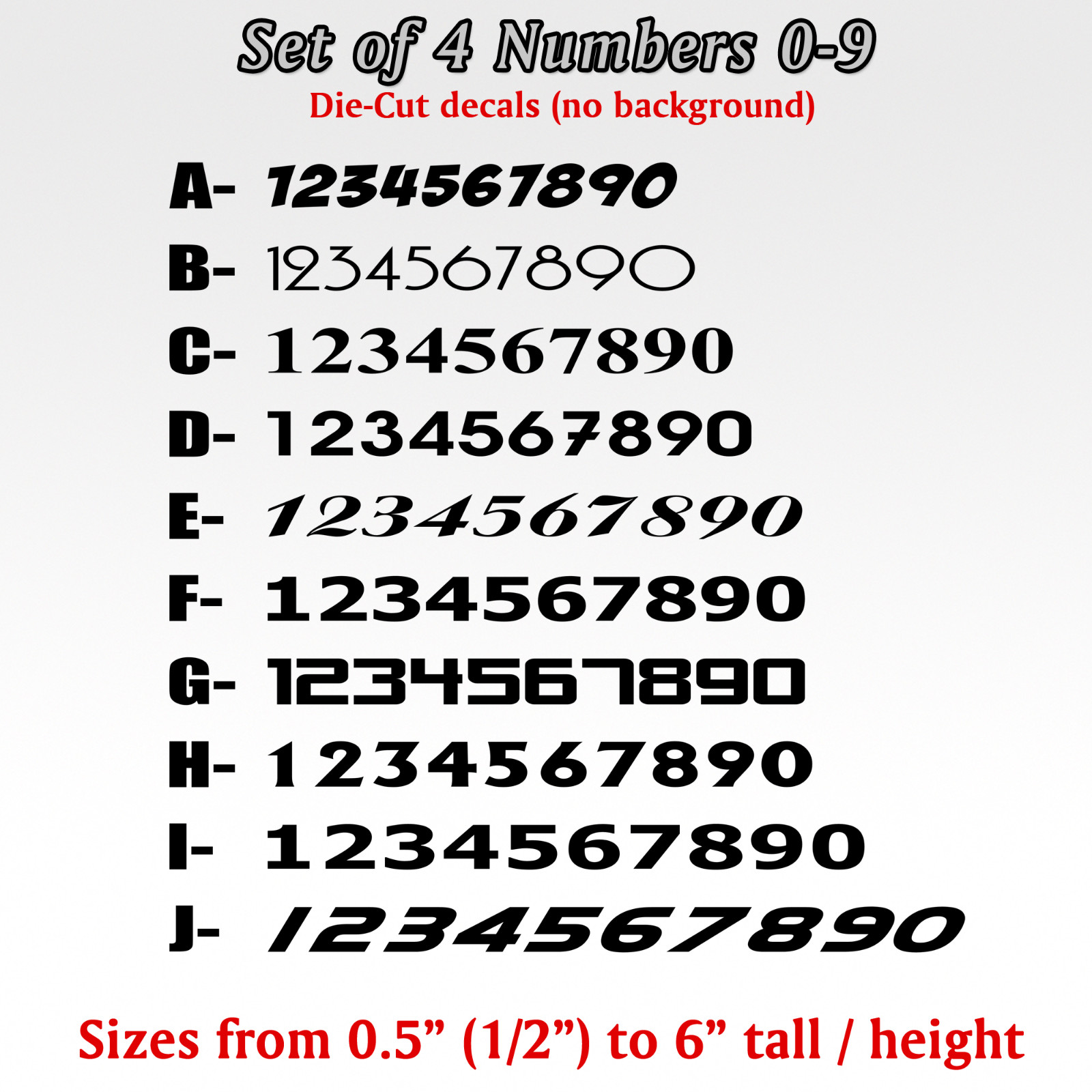 4 pack Numbers 0 to 9 Vinyl Die-Cut Decal set of 40 pieces sticker custom number