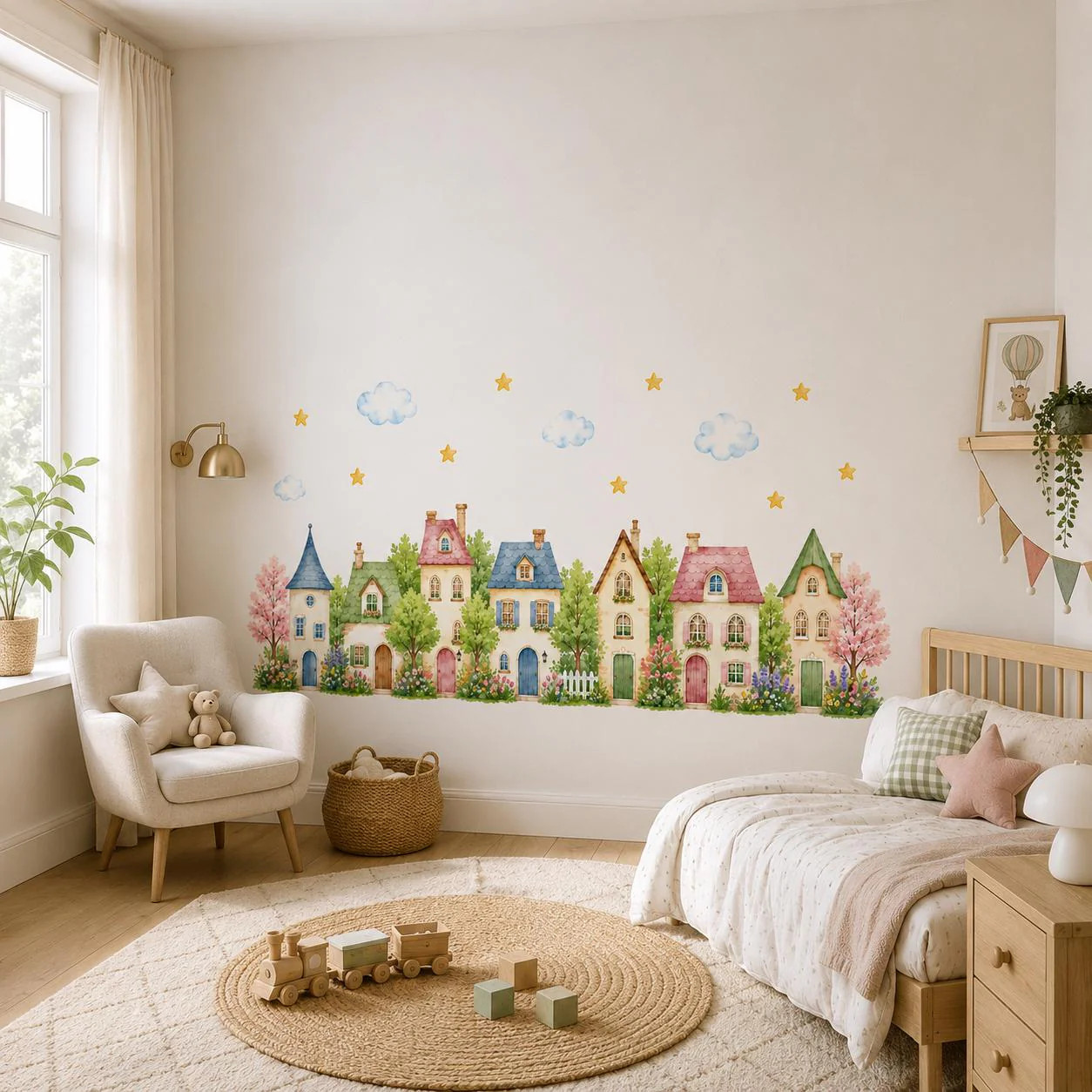 Watercolor Village Houses Wall Vinyl Decal | Cute Cottage Town Sticker