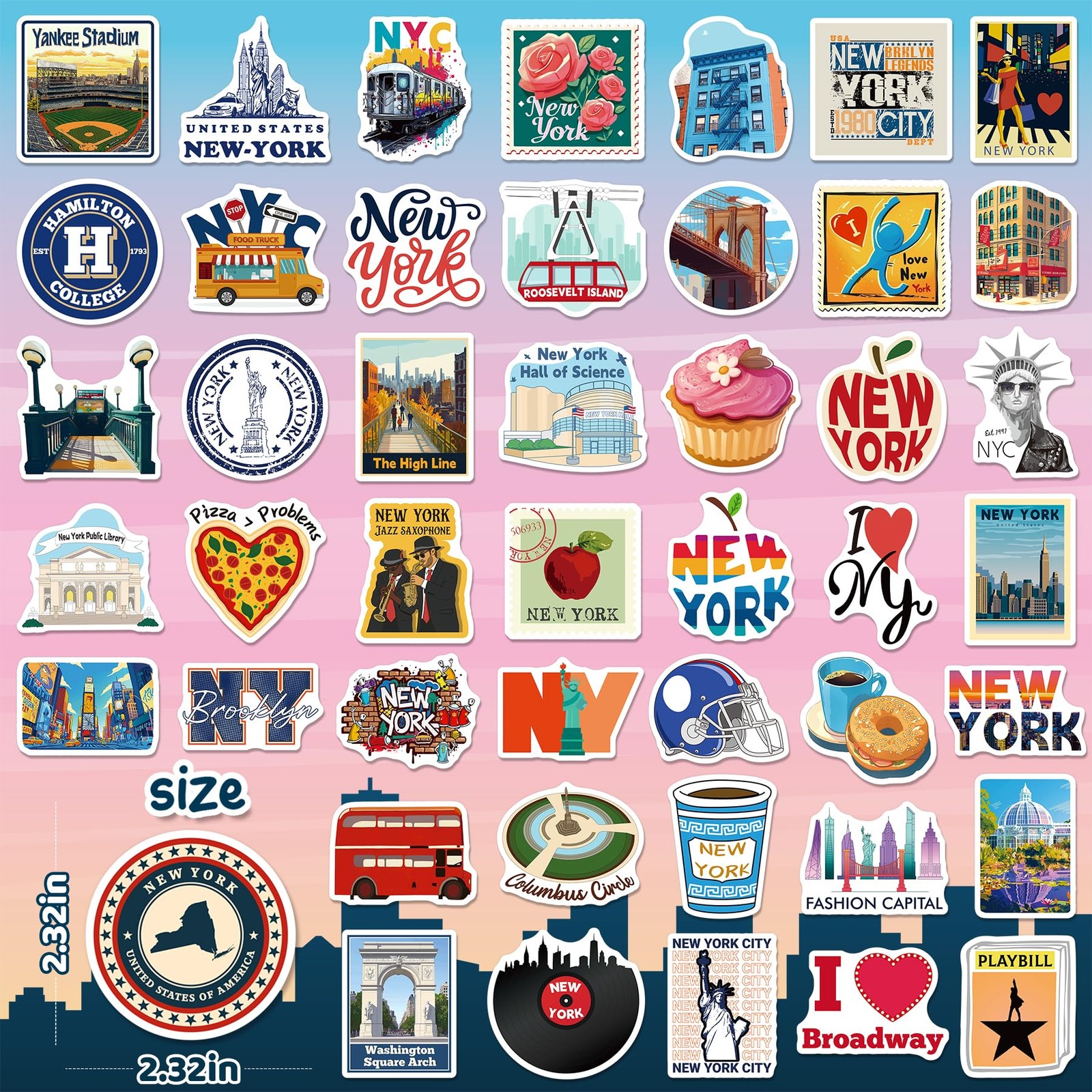 100PCS New York Stickers, Waterproof NYC Travel Blue, Yellow, Red, White