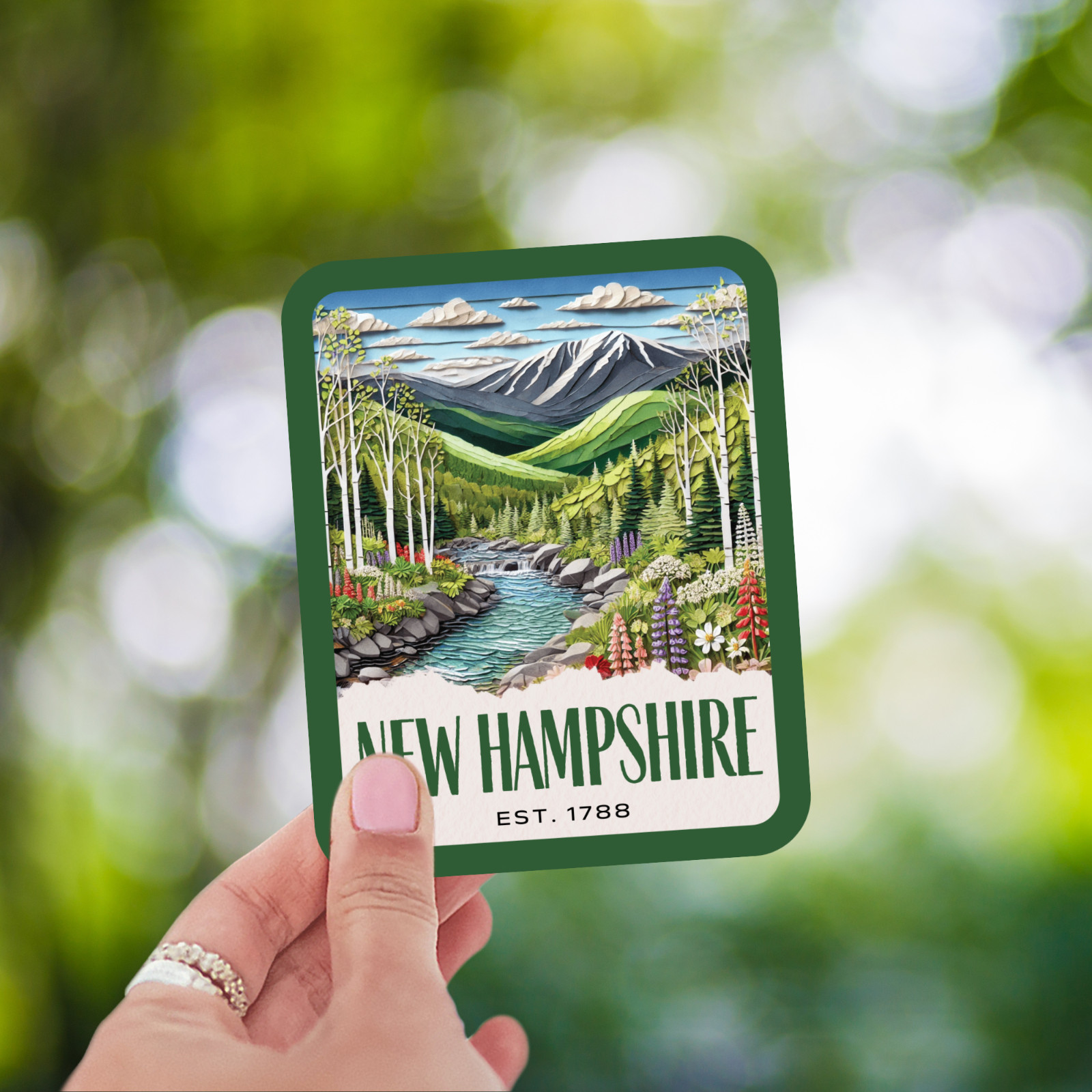New Hampshire State Sticker, Paper Collage Look, White Mountains Vinyl Decal