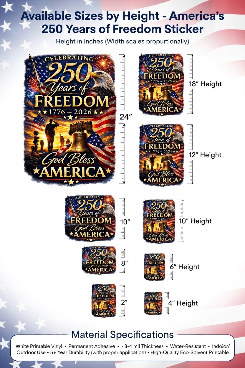 America's 250 Years of Freedom Sticker 1776-2026 God Bless America Patriotic