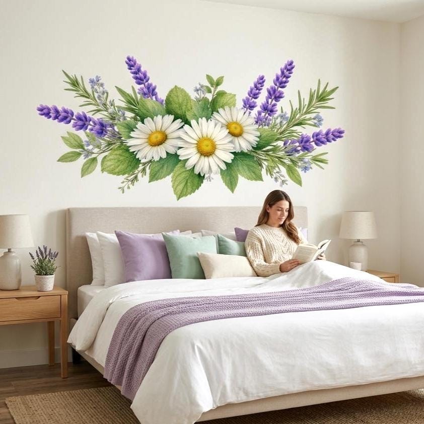 Daisy Lavender Wall Vinyl Decal | Watercolor Floral Bouquet Sticker