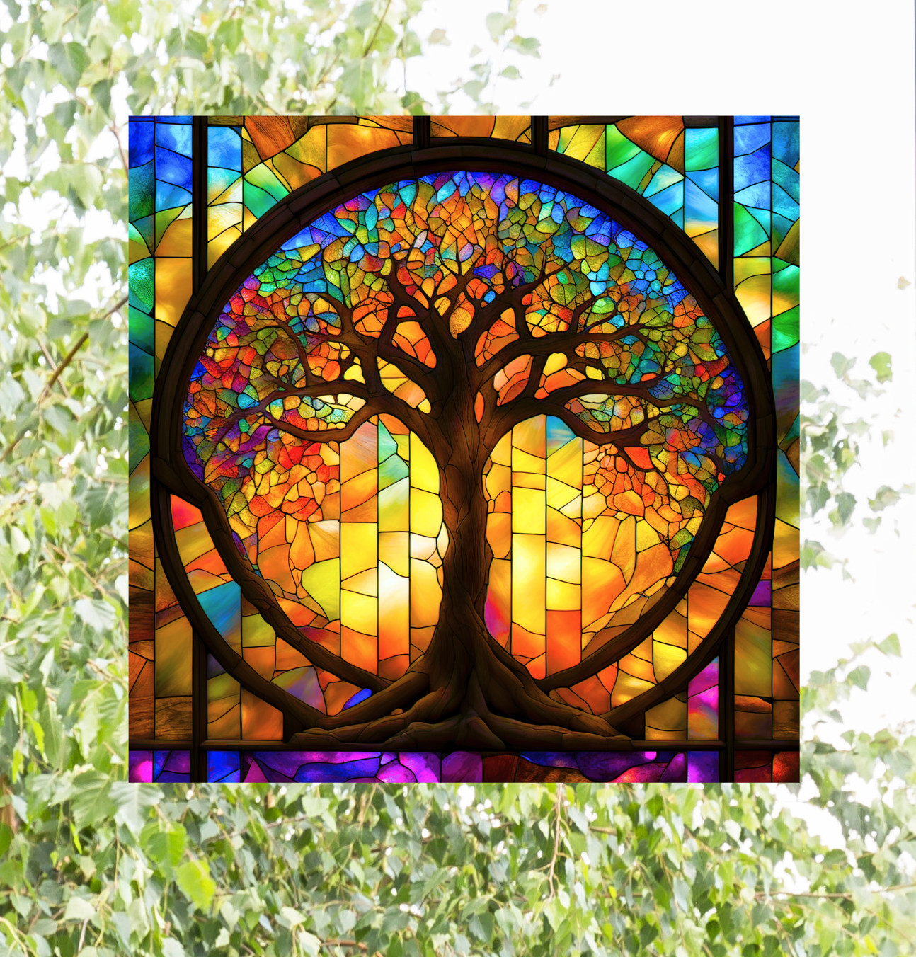 Tree of Life ~ Faux Stained-Glass WINDOW CLING Size 8" Square Vinyl
