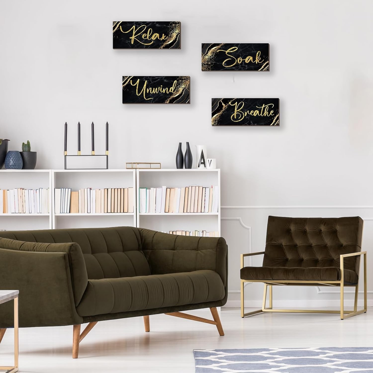 Luxury Black and Gold Wooden Wall Decor – Rustic Marble Style Art for Relaxation