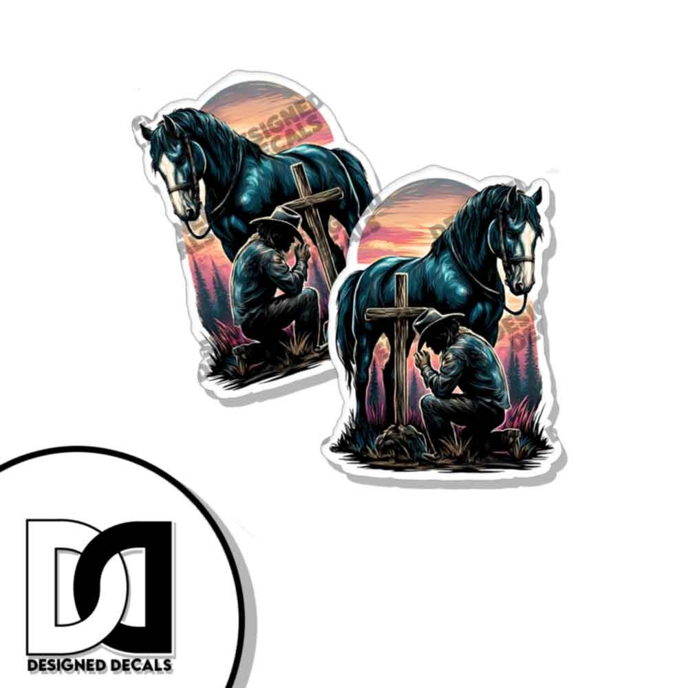 Cowboy Praying on Cross Horse Vinyl Decal Sticker Christ Car Truck Sticker 2 PK