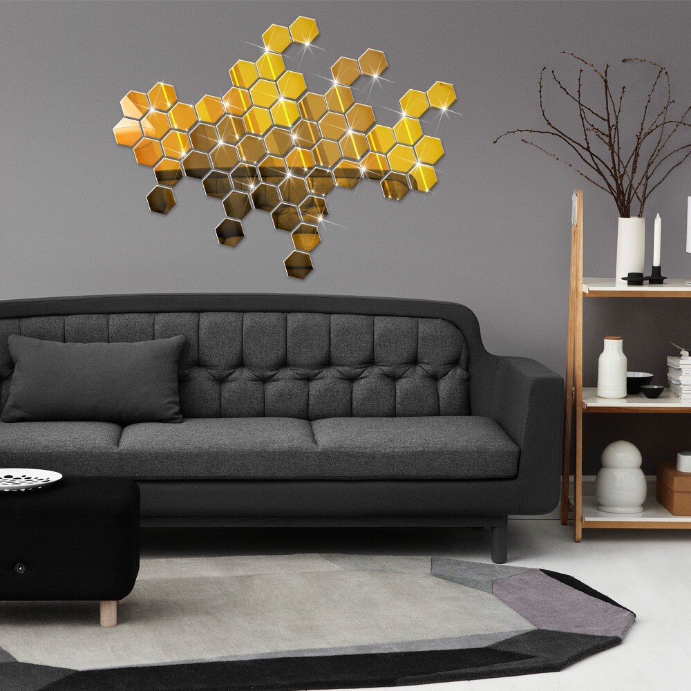 12Pcs Self Adhesive Hexagonal Gold Acrylic Mirror Wall Tiles for Home Room Decor
