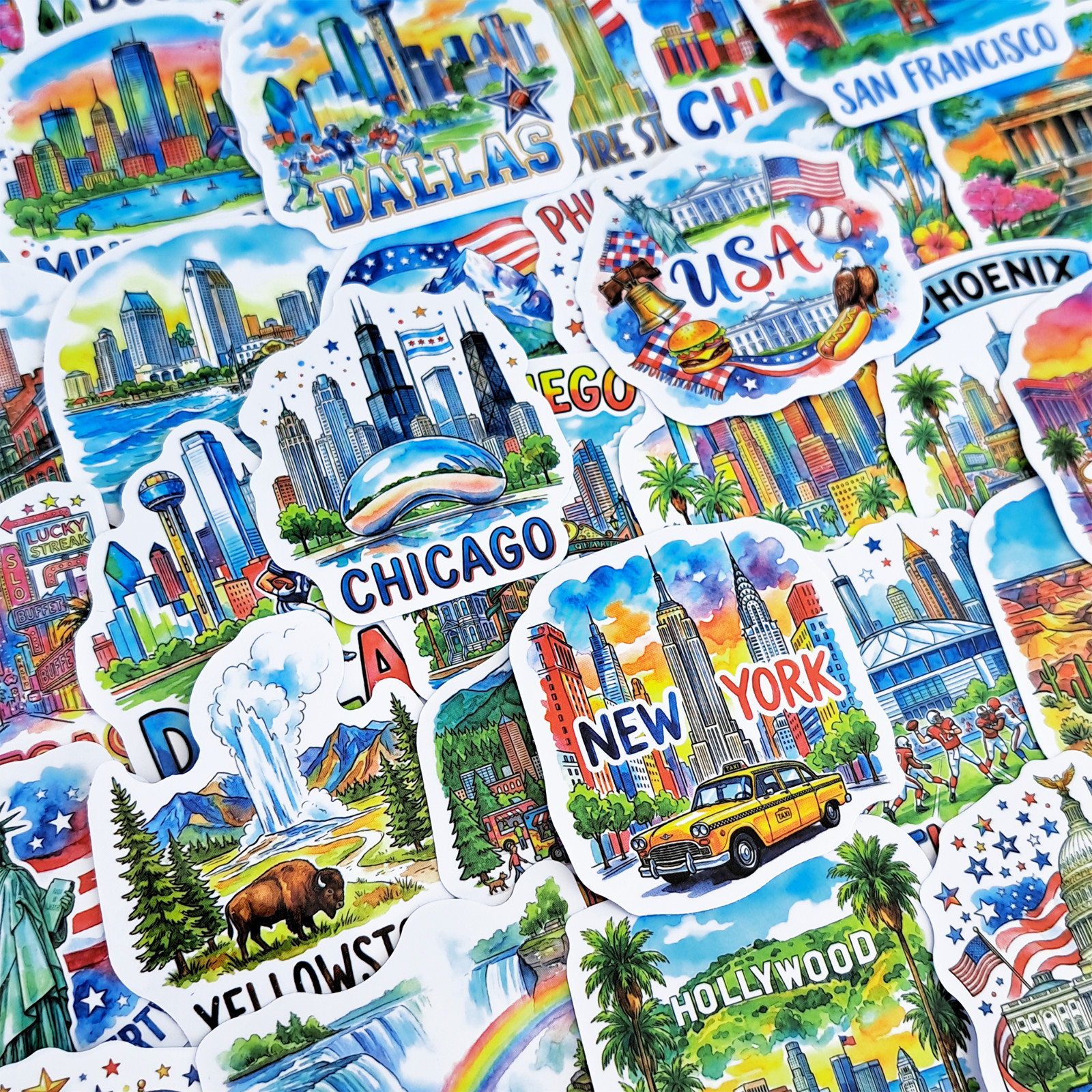 50 PCS USA Travel Sticker Pack American Landmarks Famous Places Journal