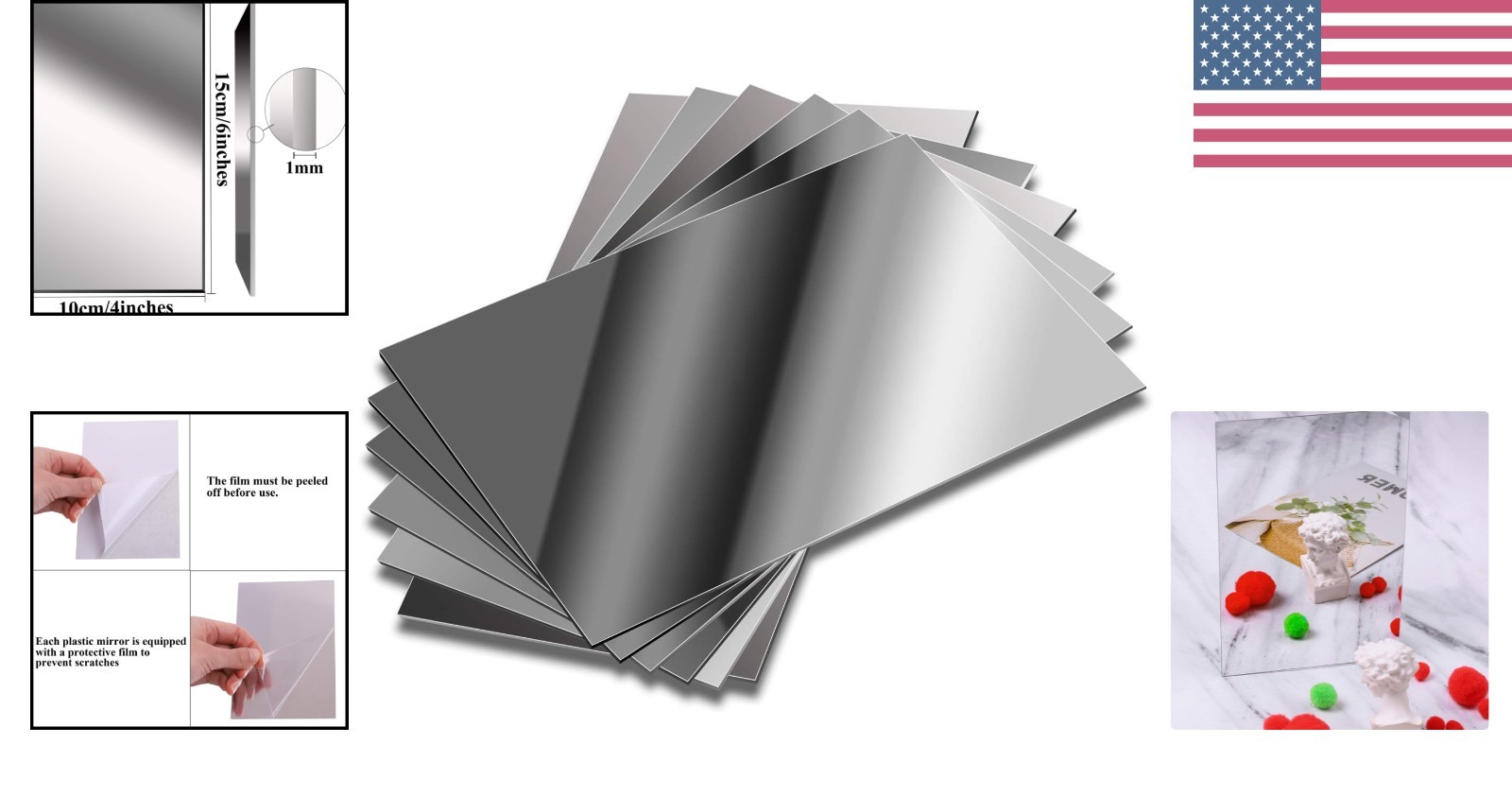 Durable Flexible Mirrors – 6 Pack Self-Adhesive Silver Tiles for Safe Home Decor