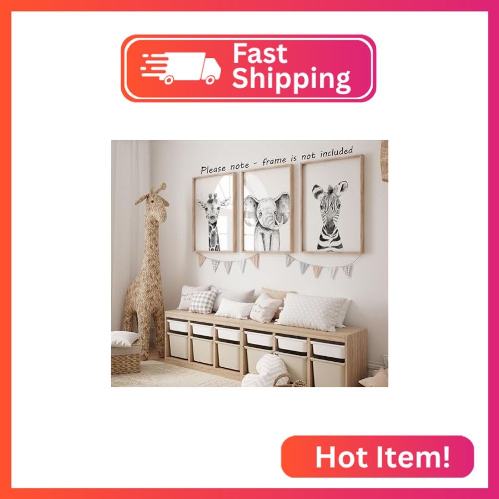 Safari Animals Baby Girl or Boy Set of 3 Nursery Unframed Prints, Bedroom Decor