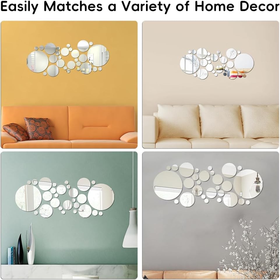 Acrylic Circle Mirror Decals, 32-Pc Removable Wall Sticker Set for Home Decor